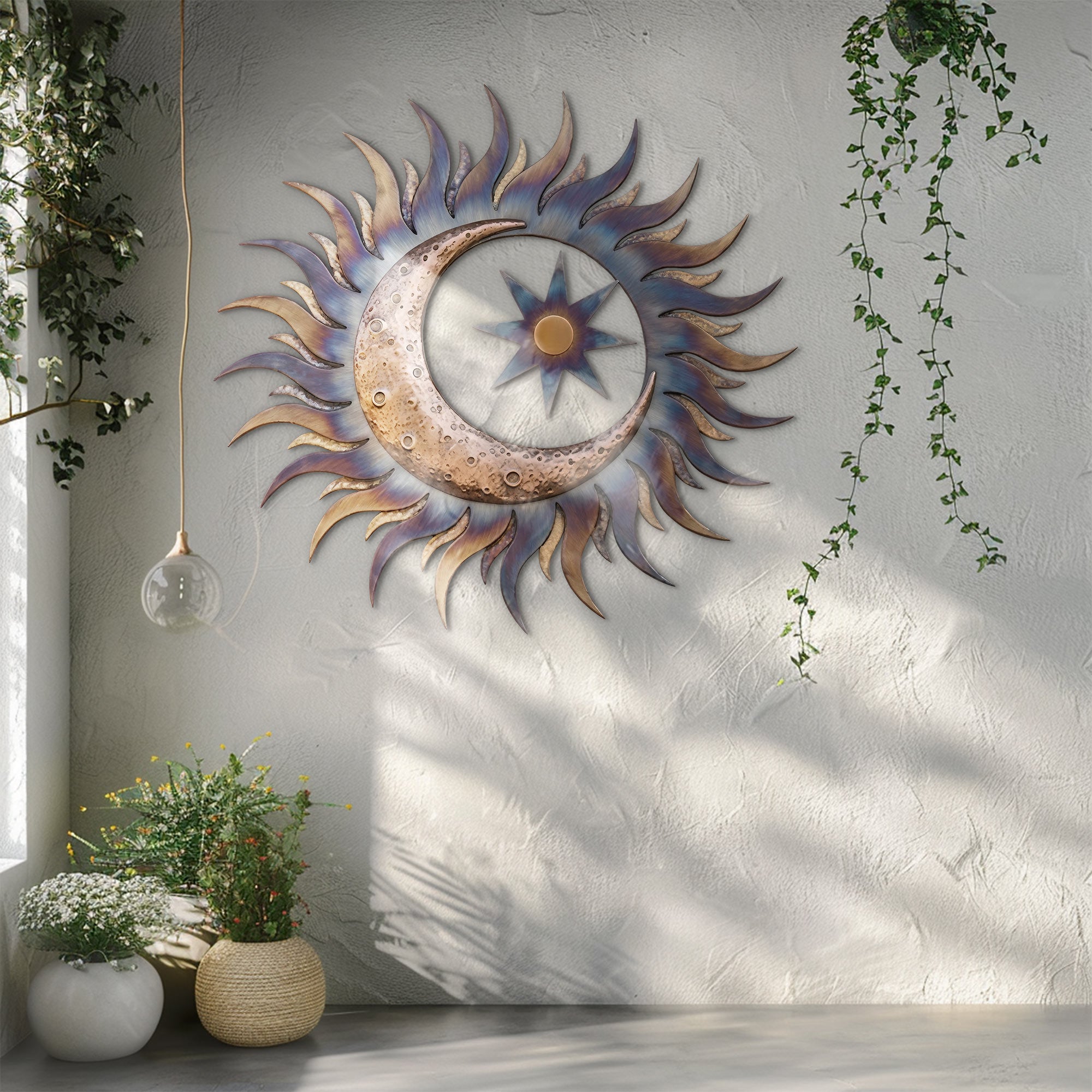 Sun Metal Wall Art – Boho UV Printed Aluminum Wall Decor for Indoor &amp; Outdoor Space