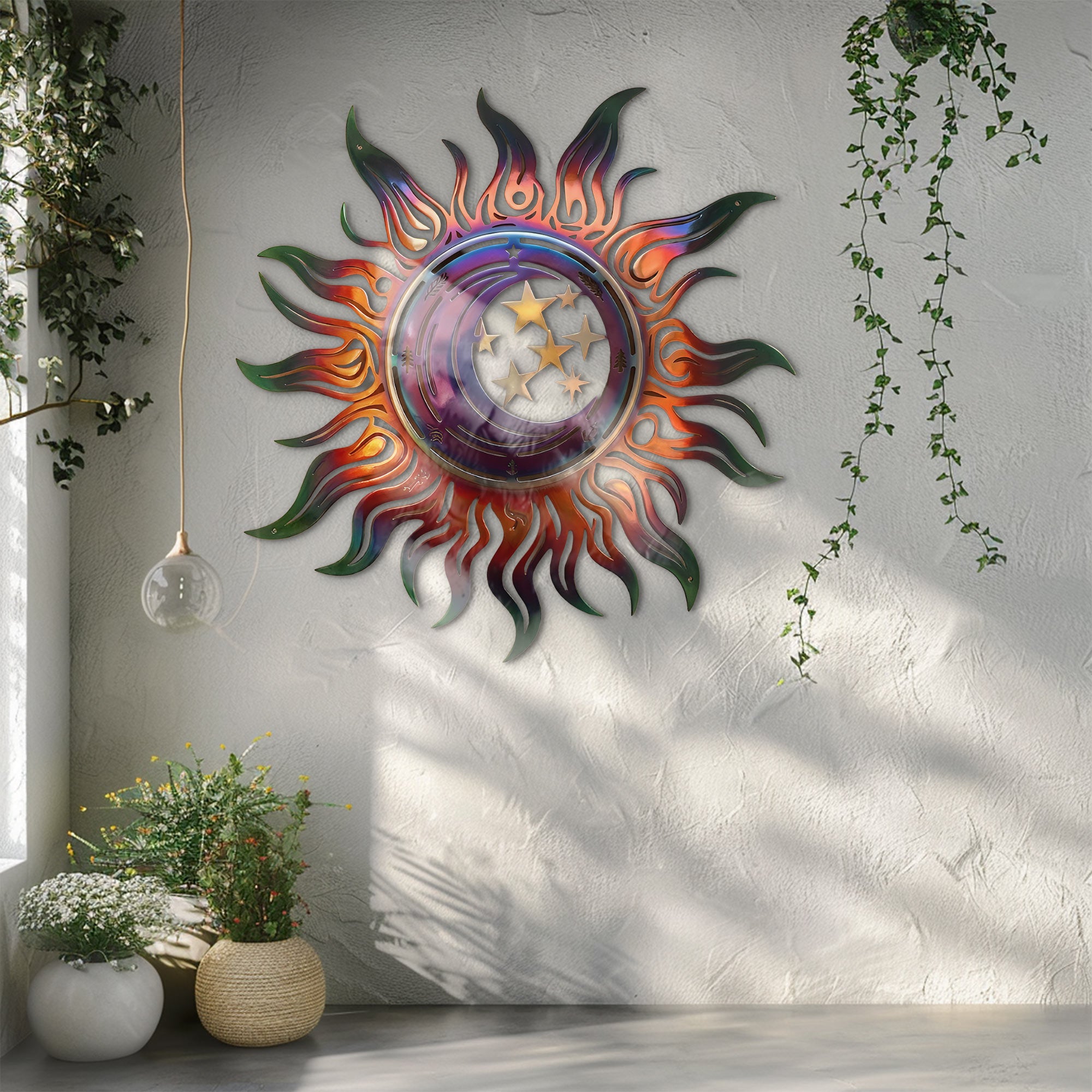 Celestial Sun Wall Art – Boho Cosmic Aluminum Metal Decor for Indoor &amp; Outdoor Home Display