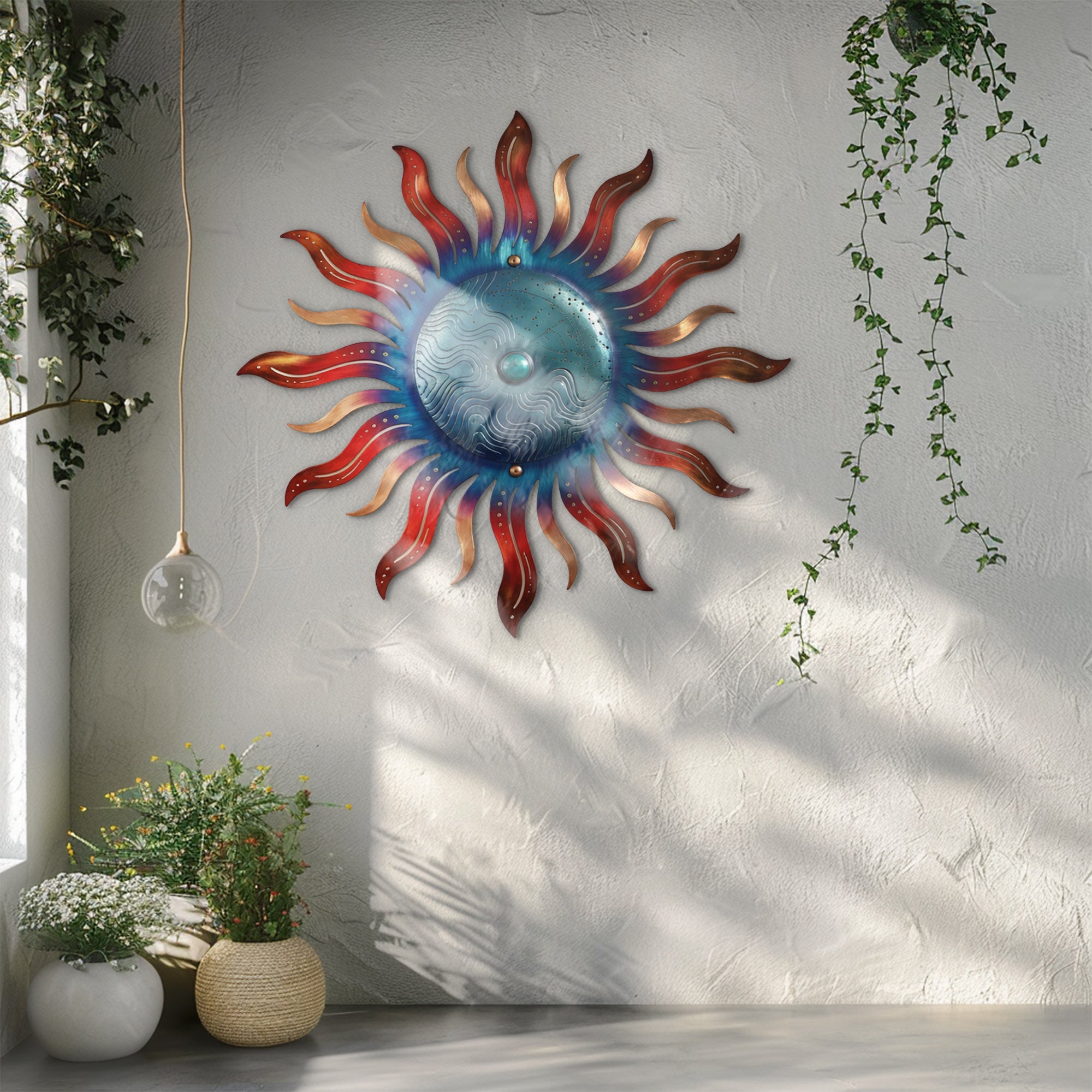 Blue Sun Wall Art – Coastal Boho Aluminum Metal Decor for Indoor &amp; Outdoor Home Spaces