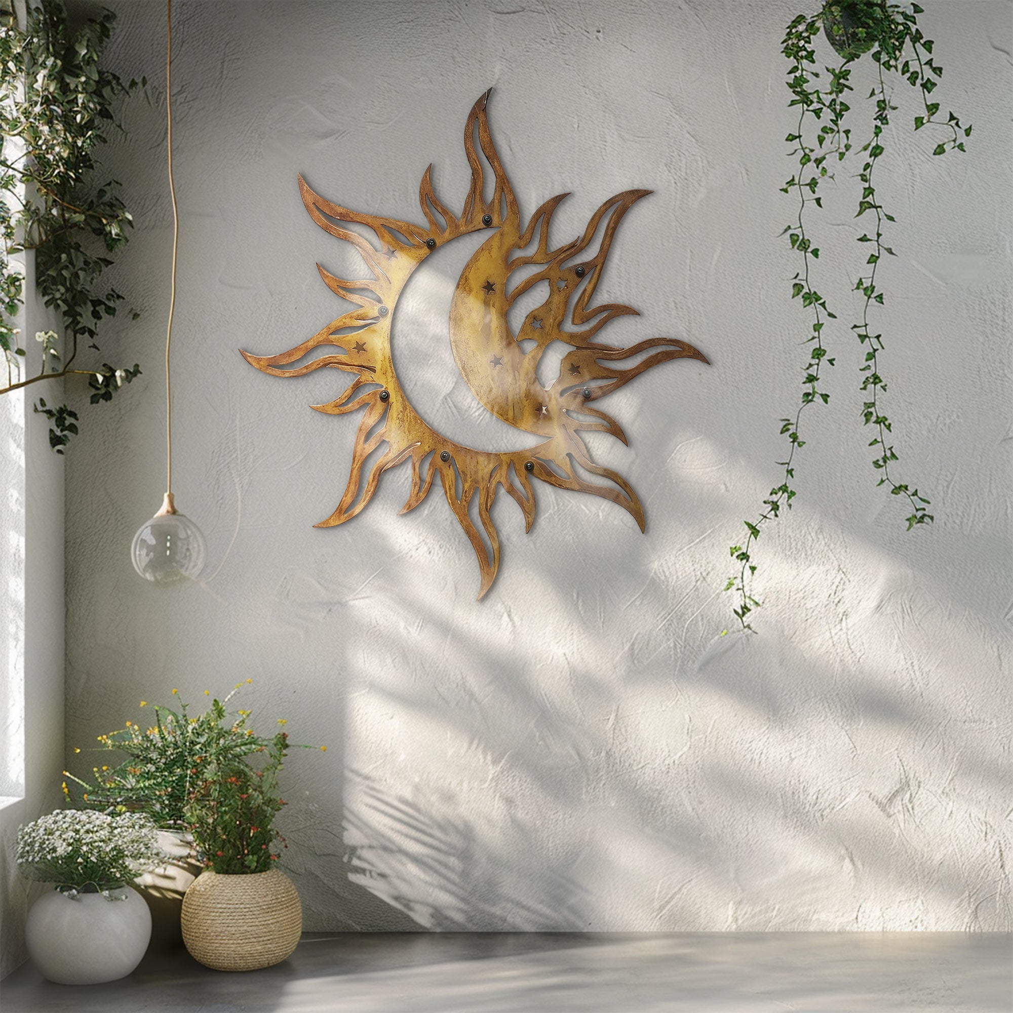 Sun Moon Wall Art – Celestial Boho Aluminum Metal Decor for Indoor &amp; Outdoor Home Spaces