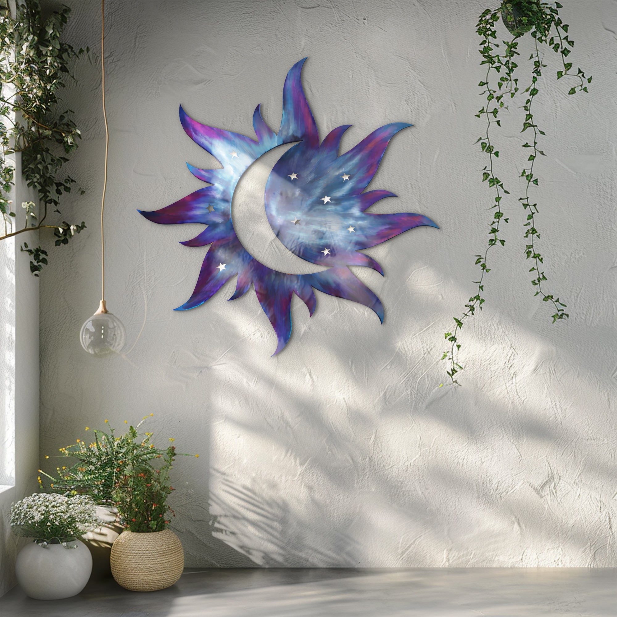 Celestial Sun Moon Wall Art – Galaxy Style UV Printed Metal Decor for Bedroom &amp; Living Room