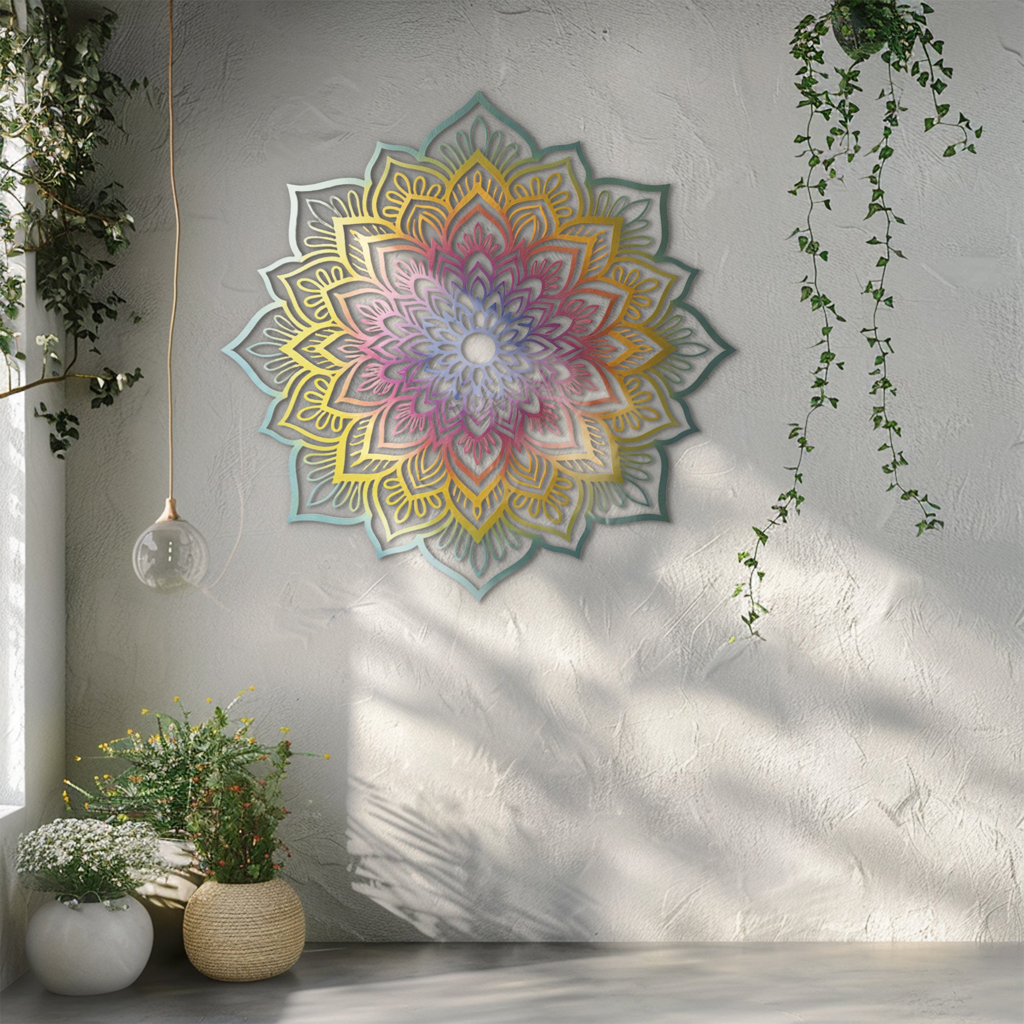 Mandala Flower Wall Art – Boho Rainbow Style UV Printed Metal Decor for Living Room &amp; Meditation Space