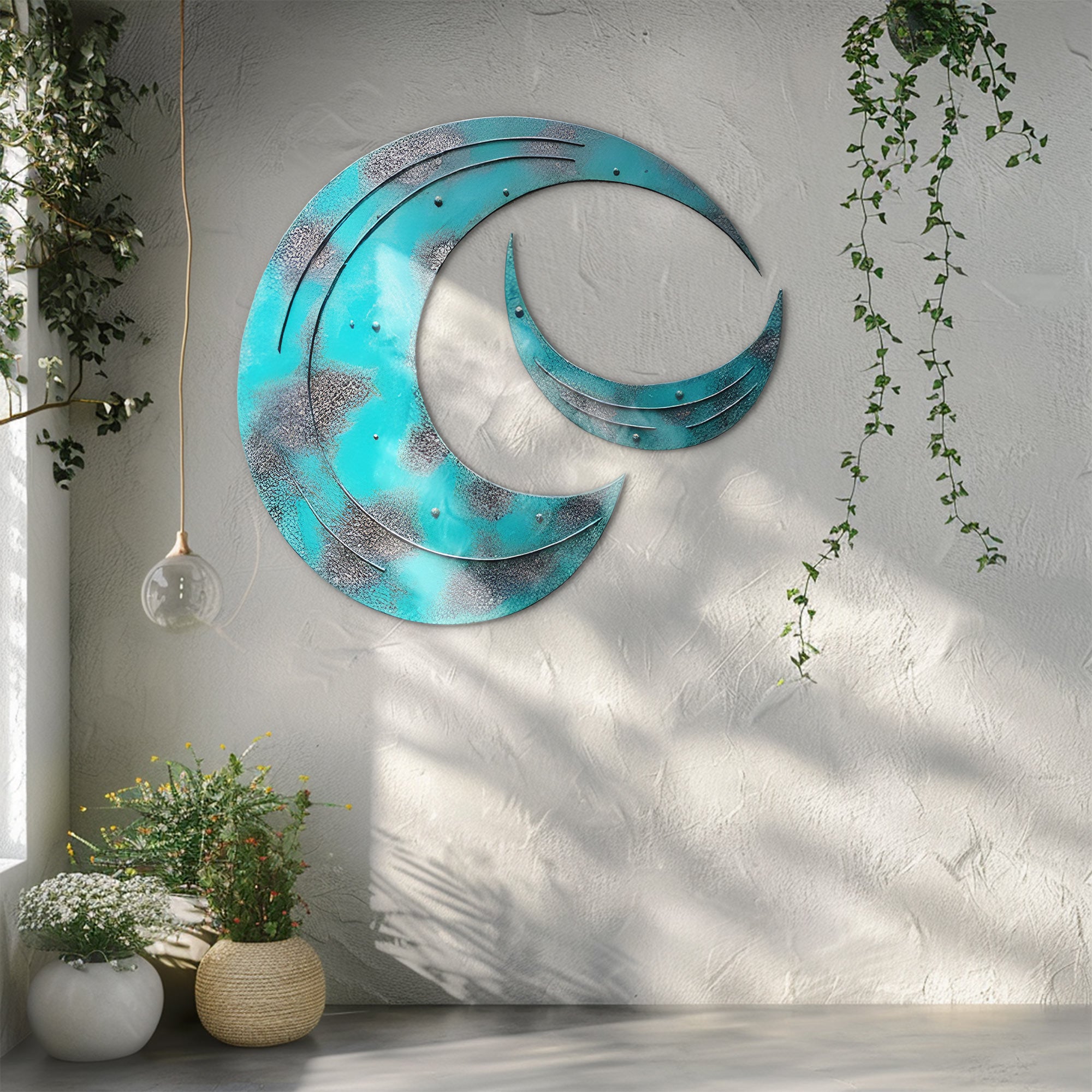 Crescent Moon Wall Art – Rustic Patina Style UV Printed Metal Decor for Bedroom &amp; Outdoor Garden
