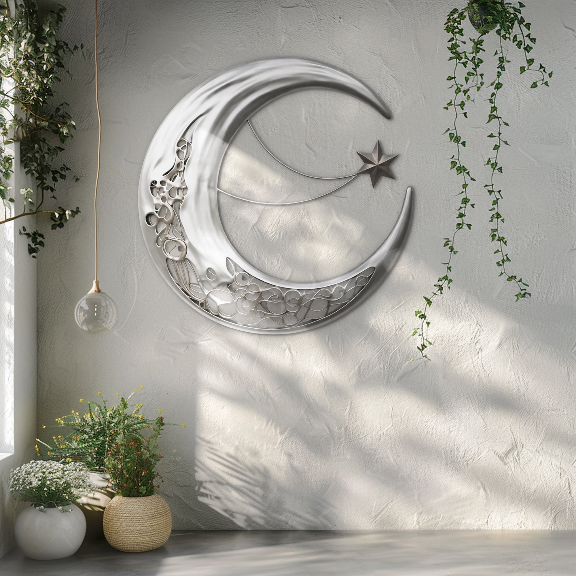 Silver Crescent Moon Wall Art – Modern Celestial UV Printed Metal Decor for Living Room &amp; Bedroom