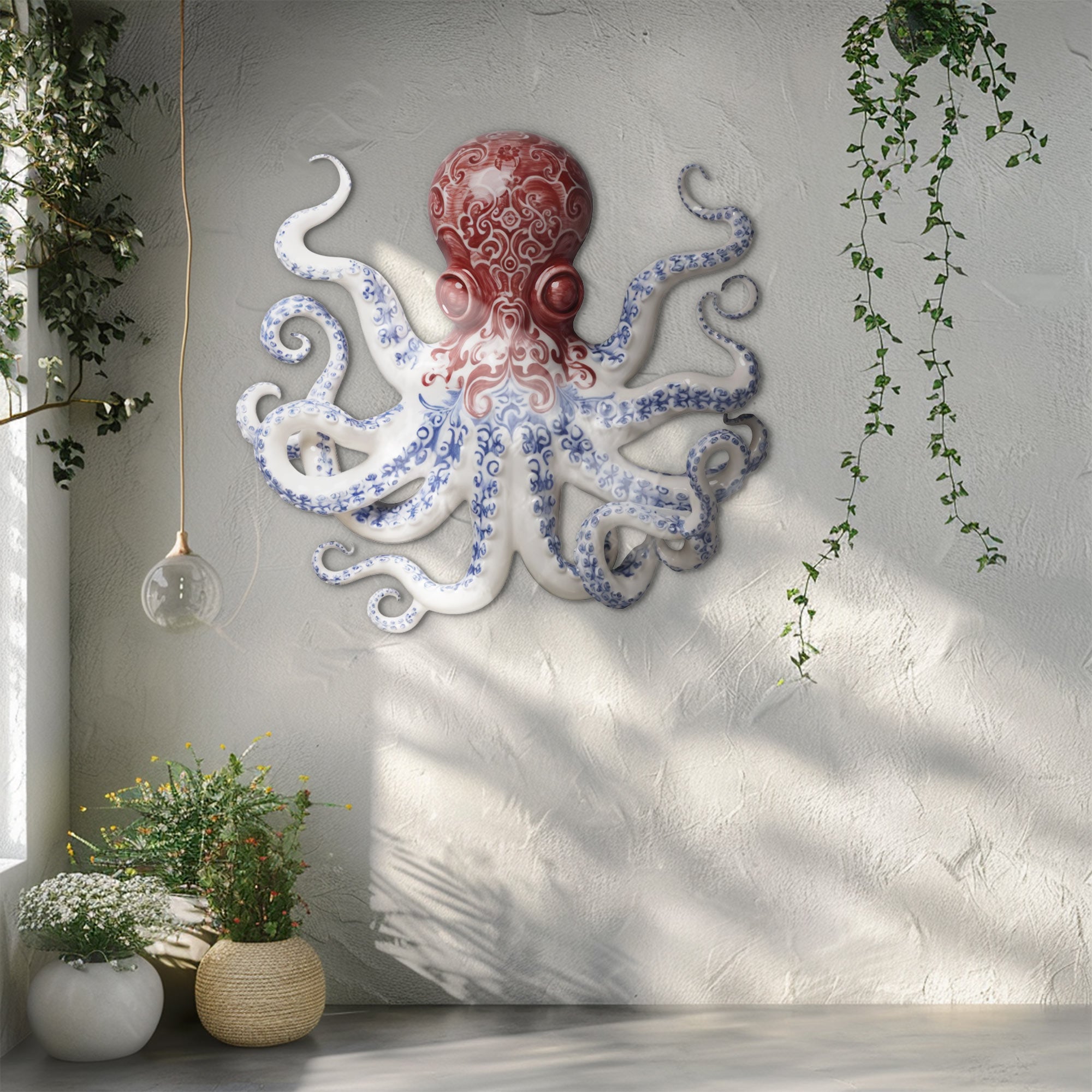 Red Blue Chinoiserie Octopus – Elegant Porcelain Style Metal Wall Art Decor for Home &amp; Outdoor