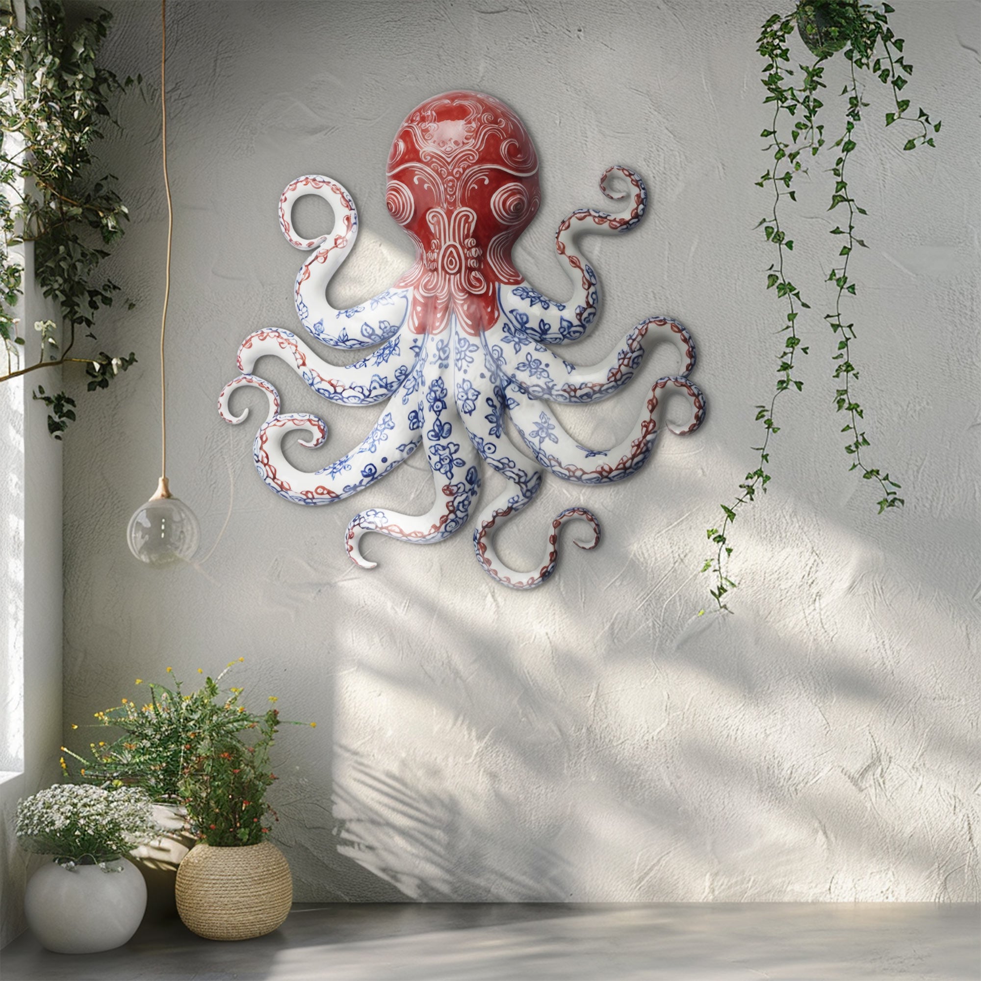 Red Chinoiserie Octopus – Elegant Blue &amp; White Porcelain Style Metal Wall Art Decor