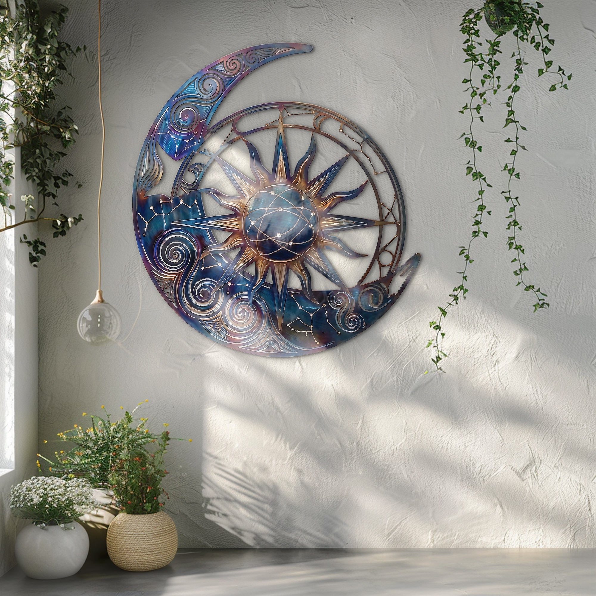 Sun Moon Metal Wall Art – Boho UV Printed Aluminum Wall Decor for Indoor Outdoor Space