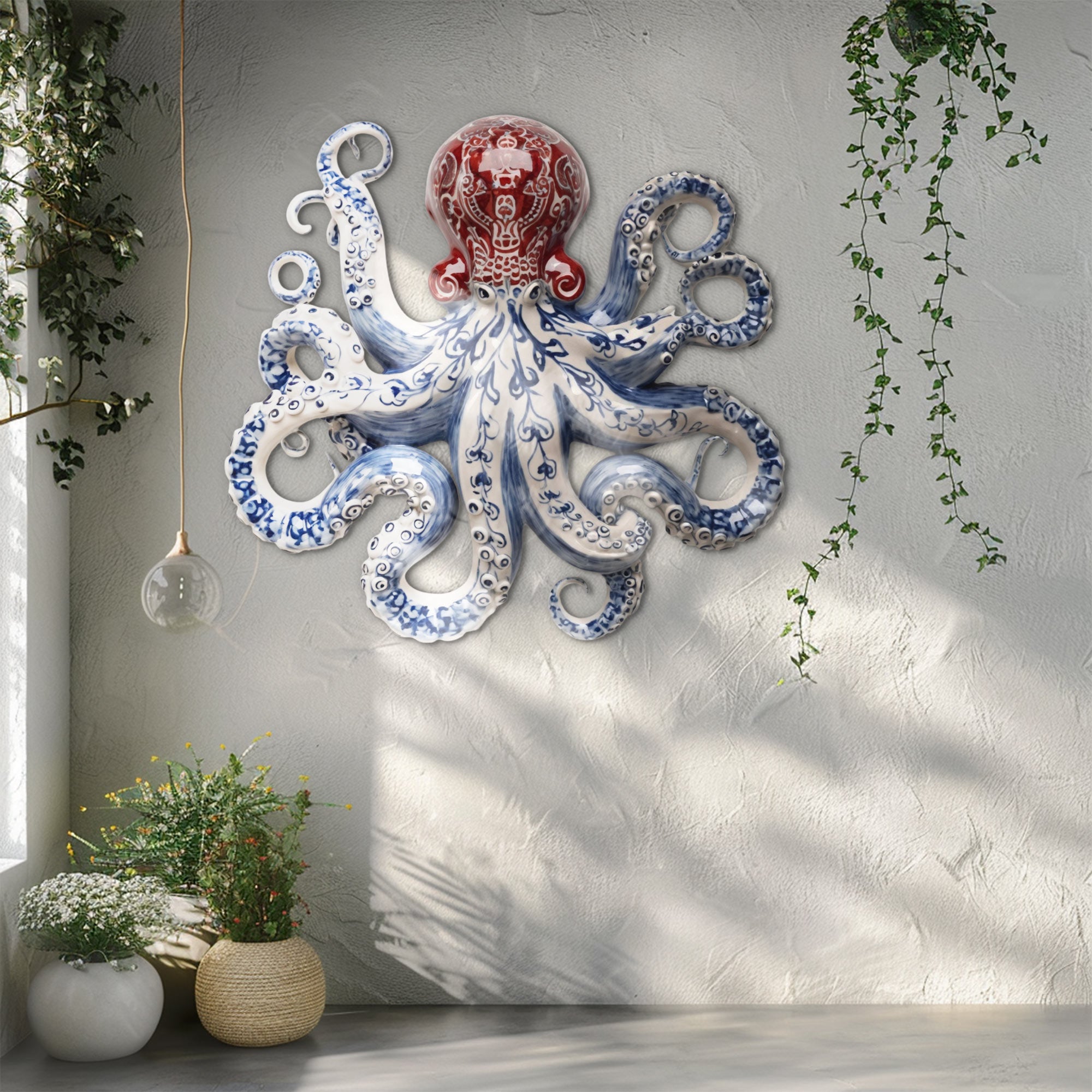 Blue Red Chinoiserie Octopus – Elegant Porcelain Style Metal Wall Art Decor for Home &amp; Outdoor