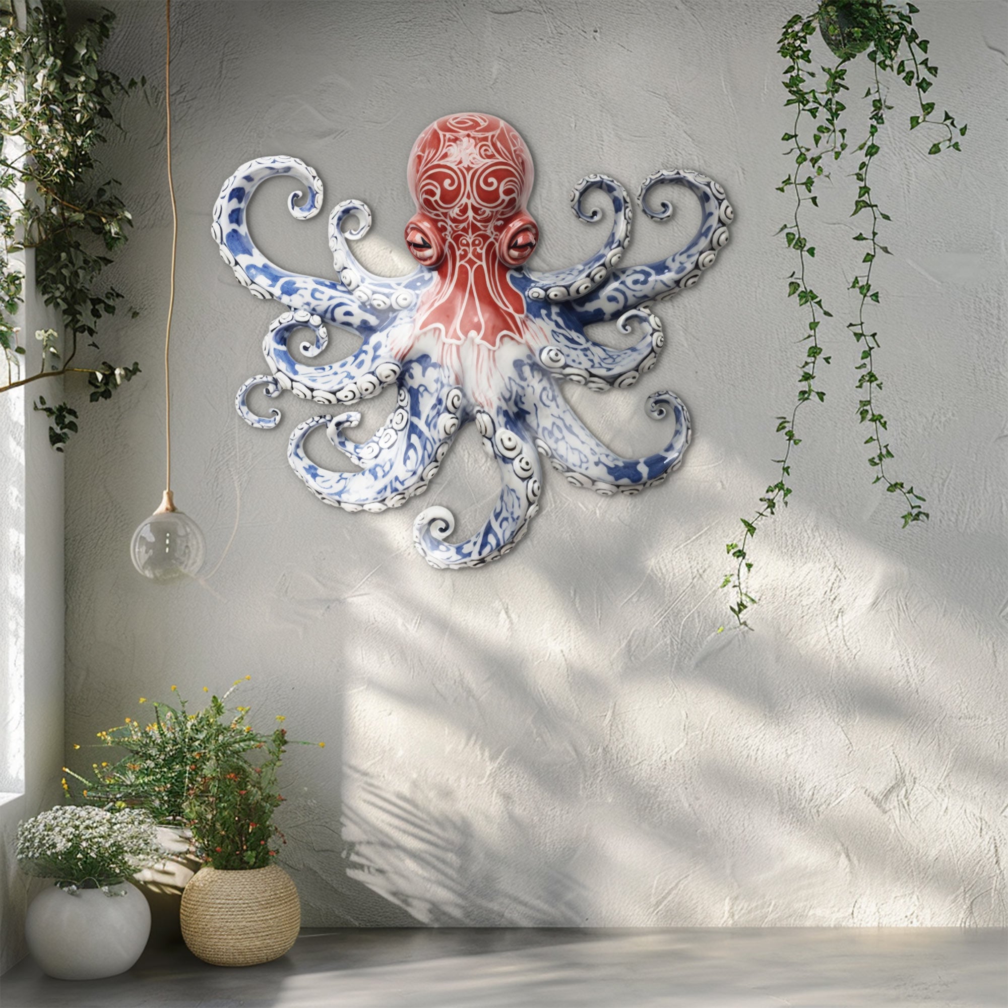 Red Blue Chinoiserie Octopus – Elegant Porcelain Style Metal Wall Art Decor for Home &amp; Outdoor