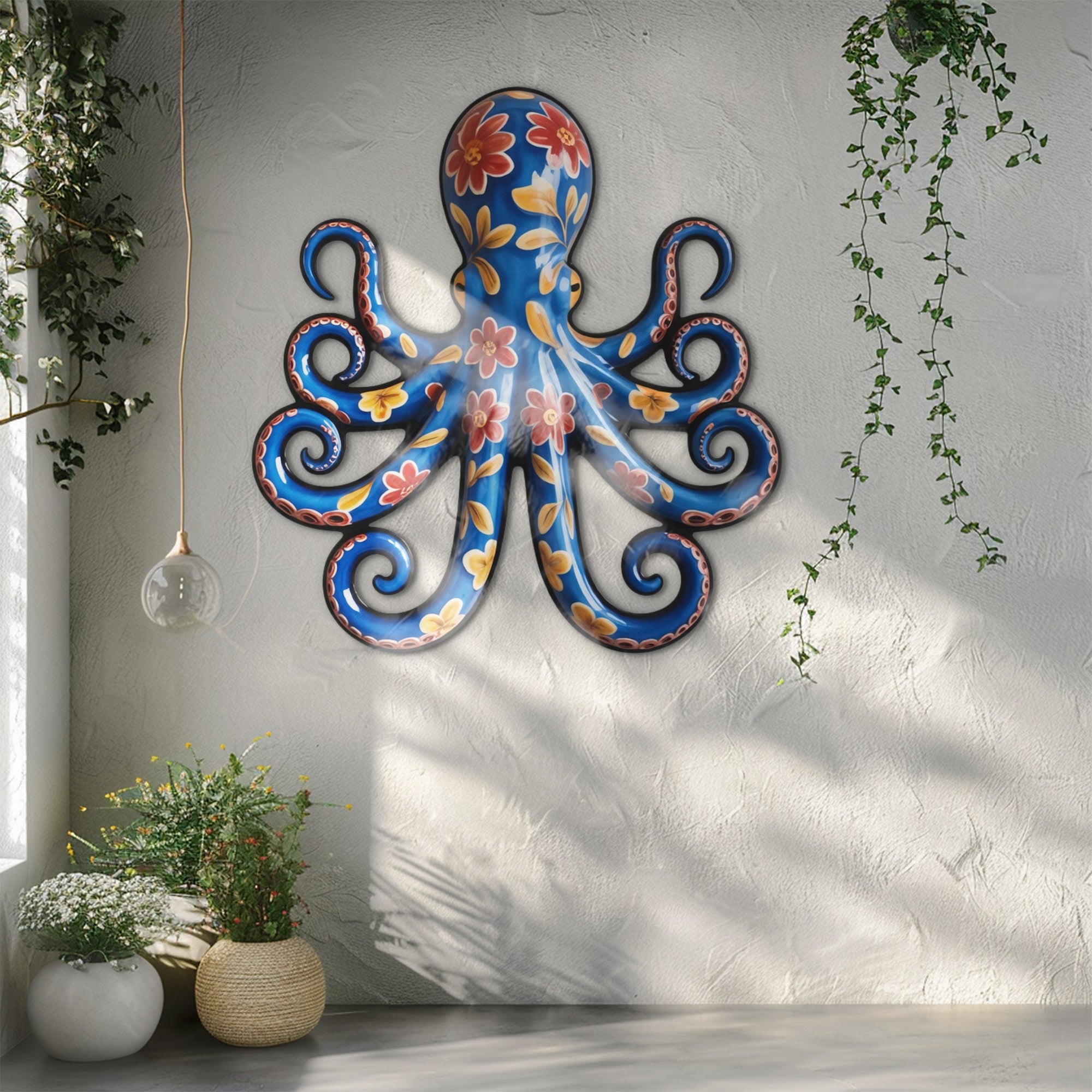 Floral Blue Octopus – Vibrant Mexican Talavera Style Metal Wall Art Decor for Home &amp; Outdoor