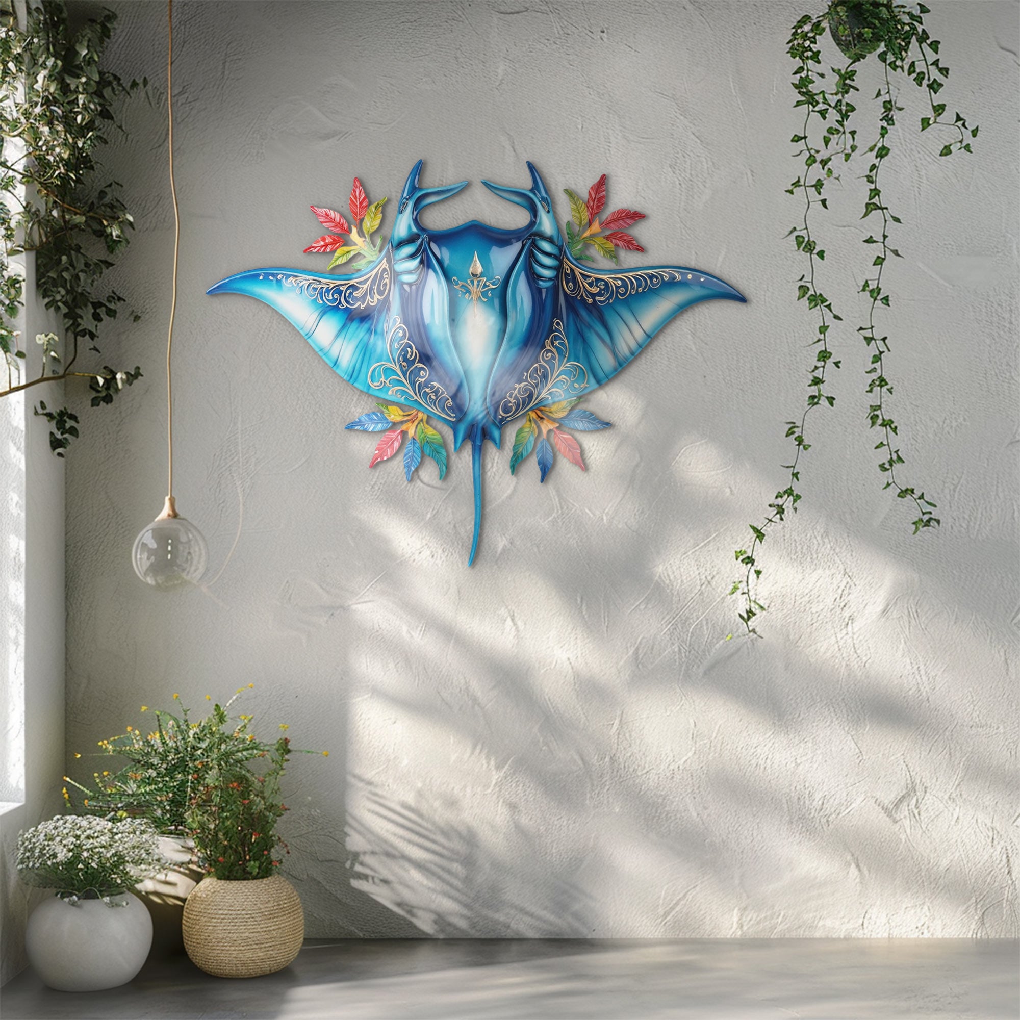 Blue Tropical Stingray – Vibrant Fantasy Style Metal Wall Art Decor for Home &amp; Outdoor