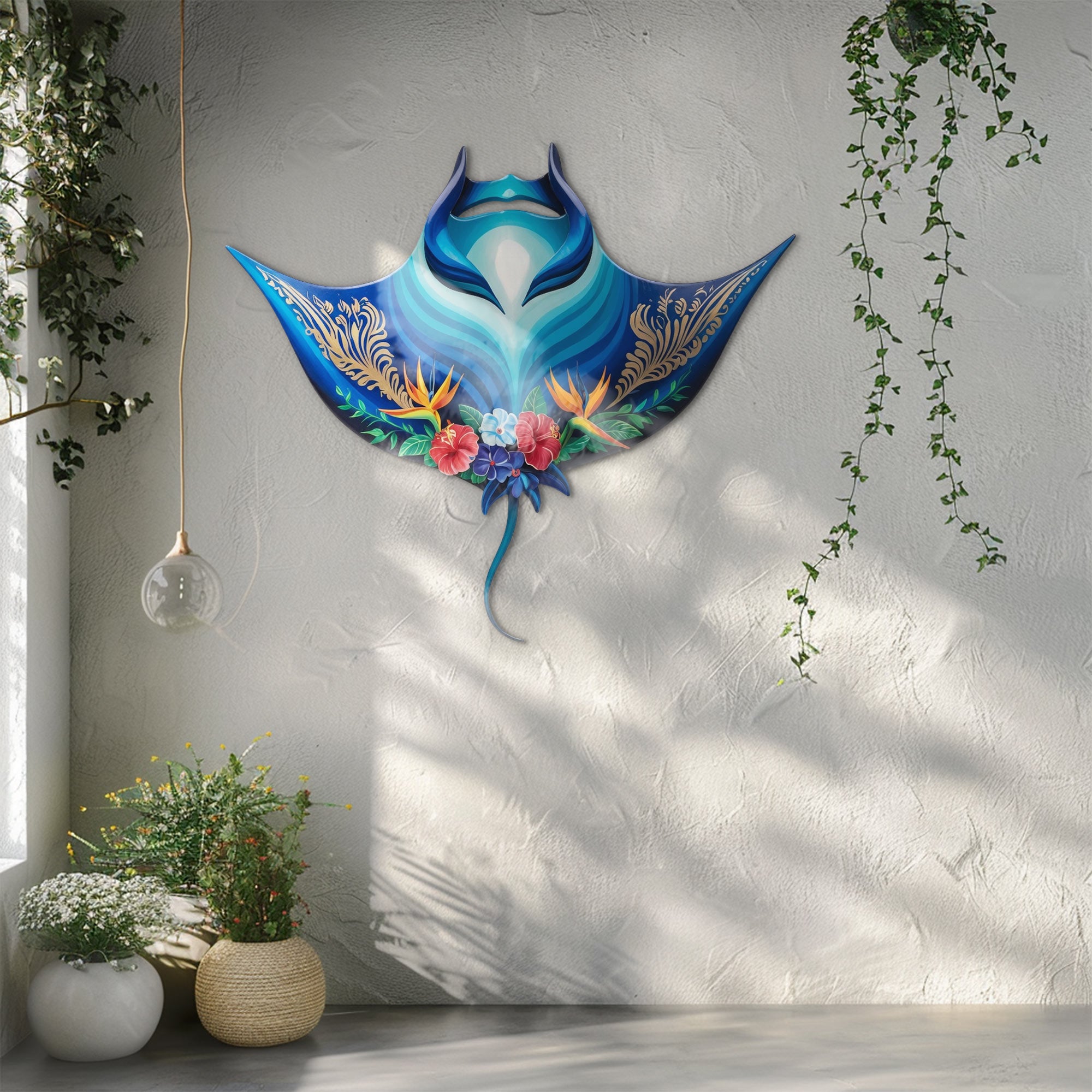 Tropical Blue Stingray – Vibrant Ocean Floral Style Metal Wall Art Decor for Home &amp; Outdoor