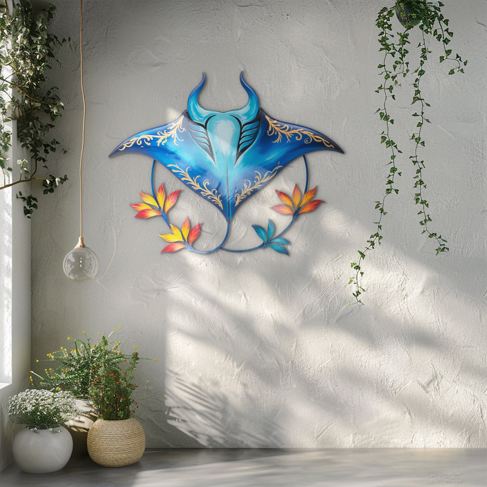 Blue Golden Stingray – Elegant Tropical Floral Style Metal Wall Art Decor for Home &amp; Outdoor