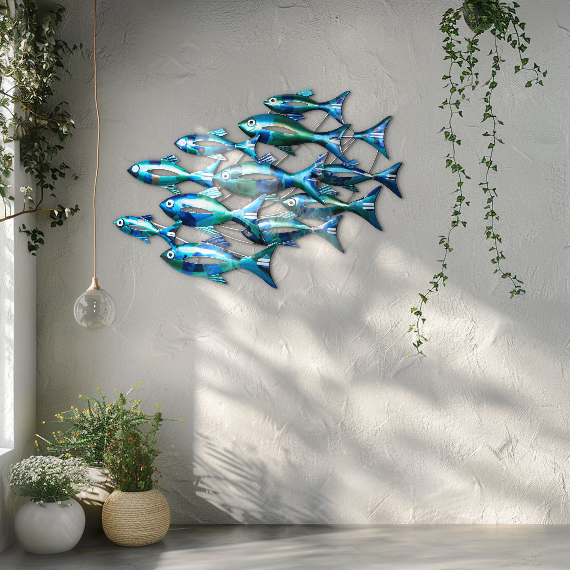 School of Blue Fish – Vibrant Ocean Metallic Style Metal Wall Art Decor for Home &amp; Outdoor