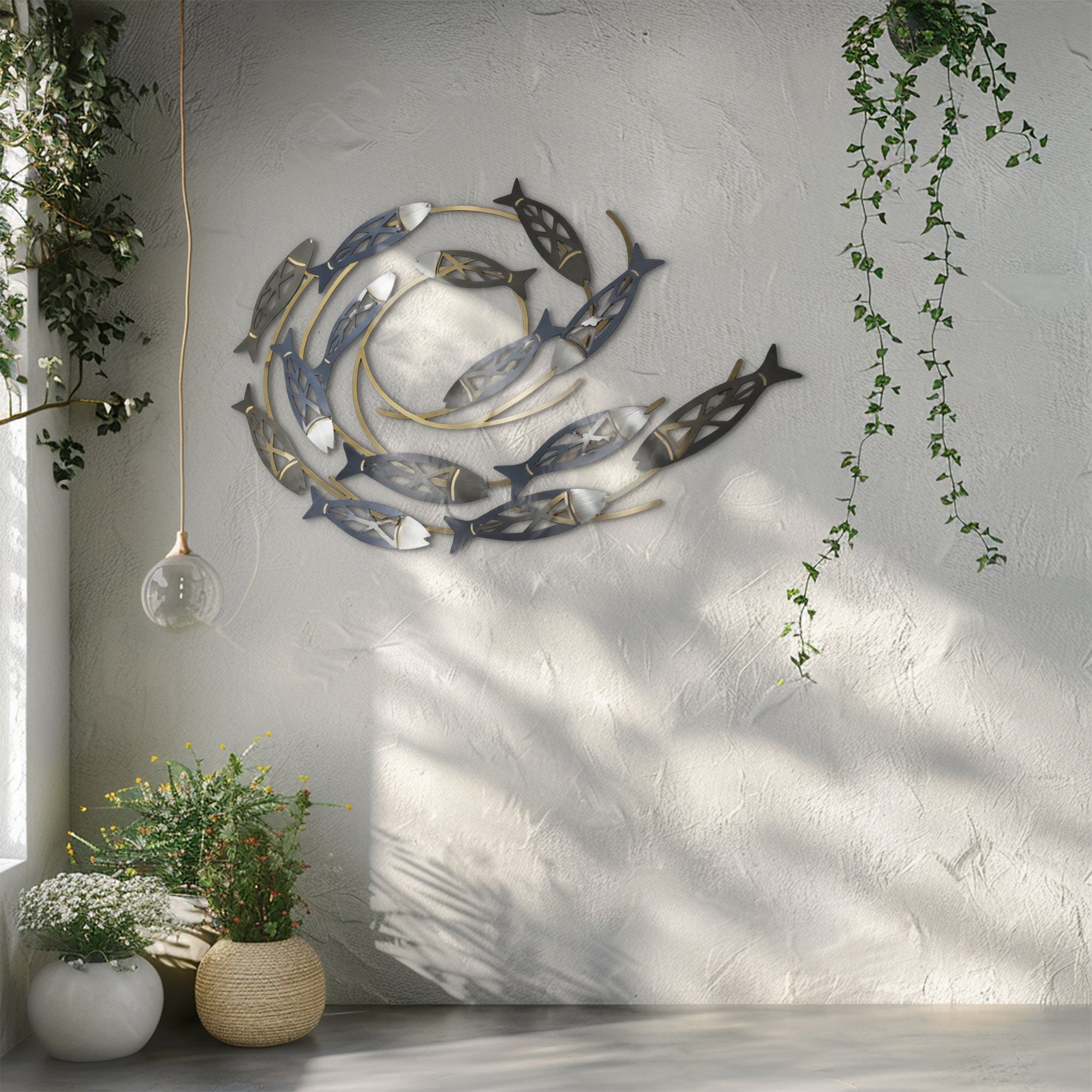Swirling School of Fish – Elegant Metallic Ocean Style Metal Wall Art Decor for Home &amp; Outdoor
