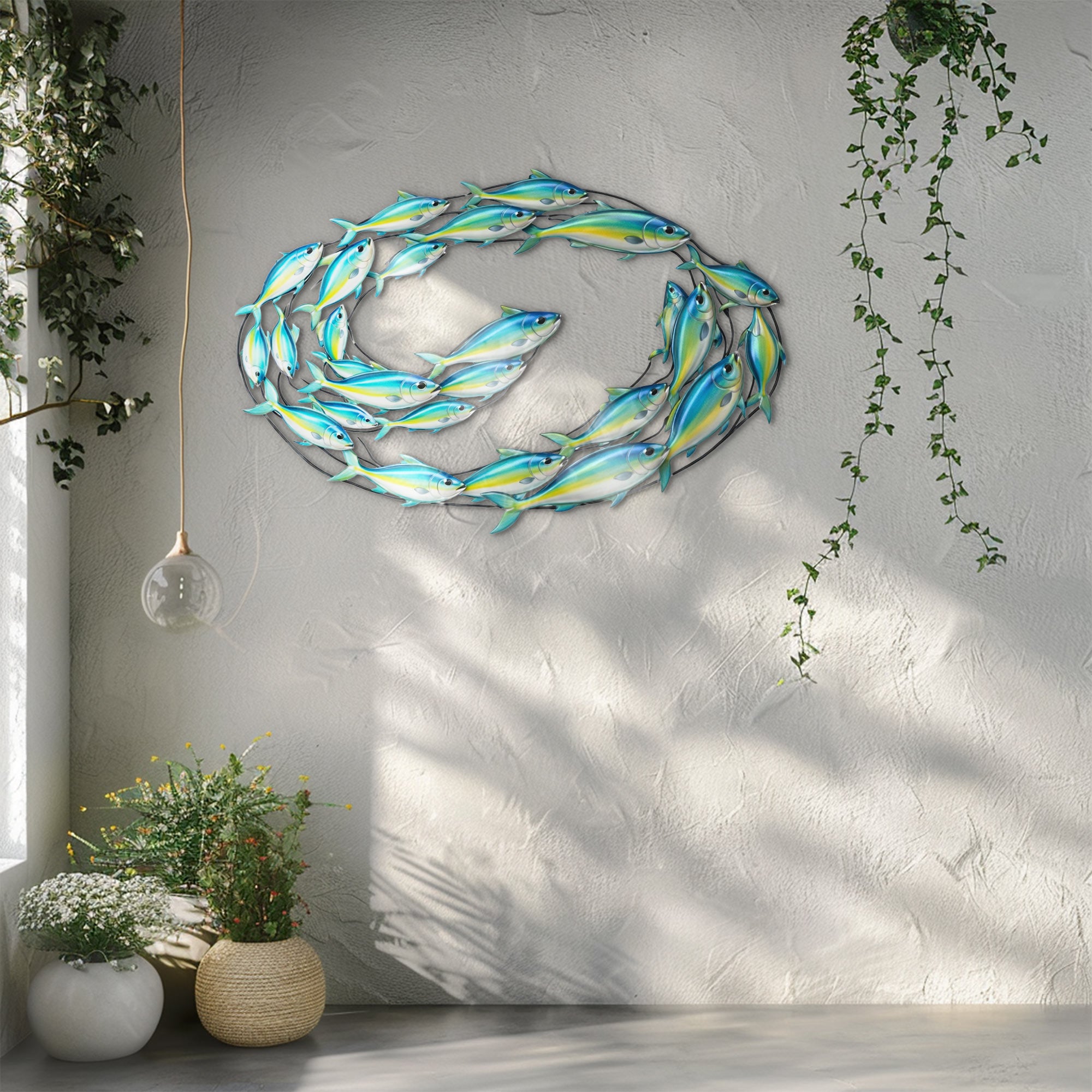 Swirling School of Fish – Vibrant Blue Yellow Ocean Style Metal Wall Art Decor for Home &amp; Outdoor