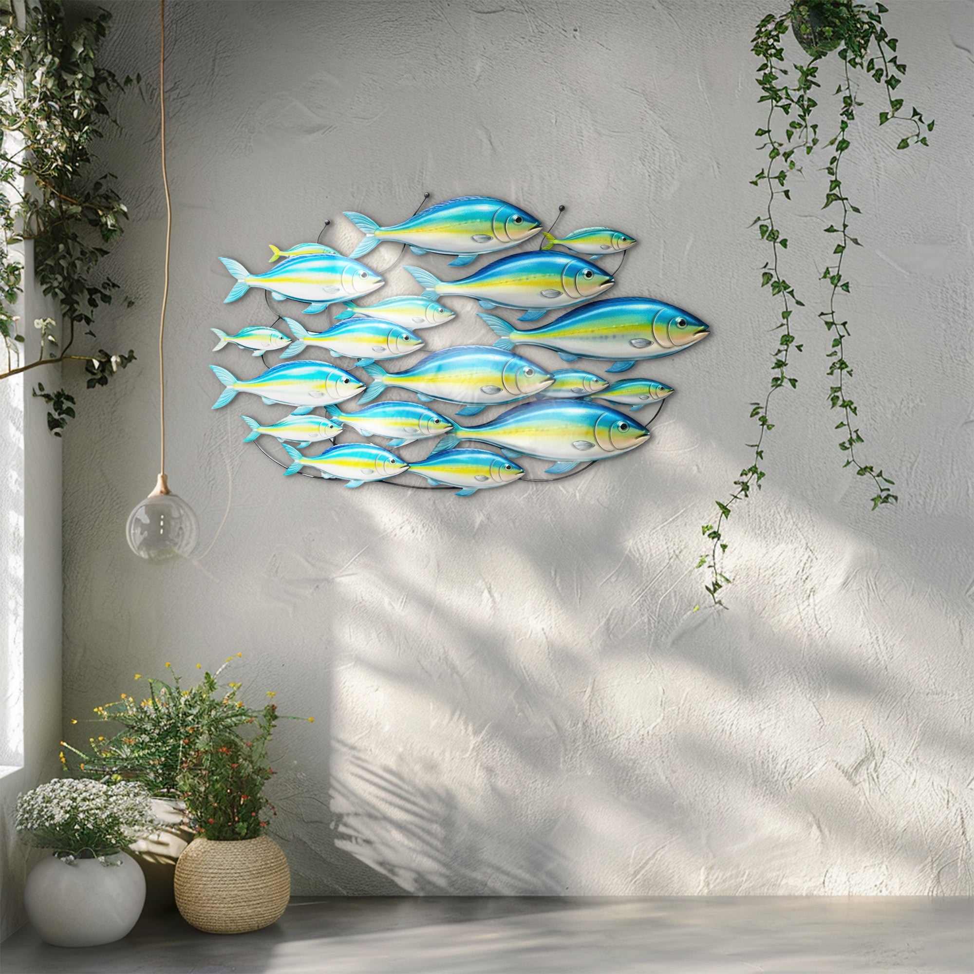 School of Blue Yellow Fish – Vibrant Tropical Ocean Style Metal Wall Art Decor for Home &amp; Outdoor