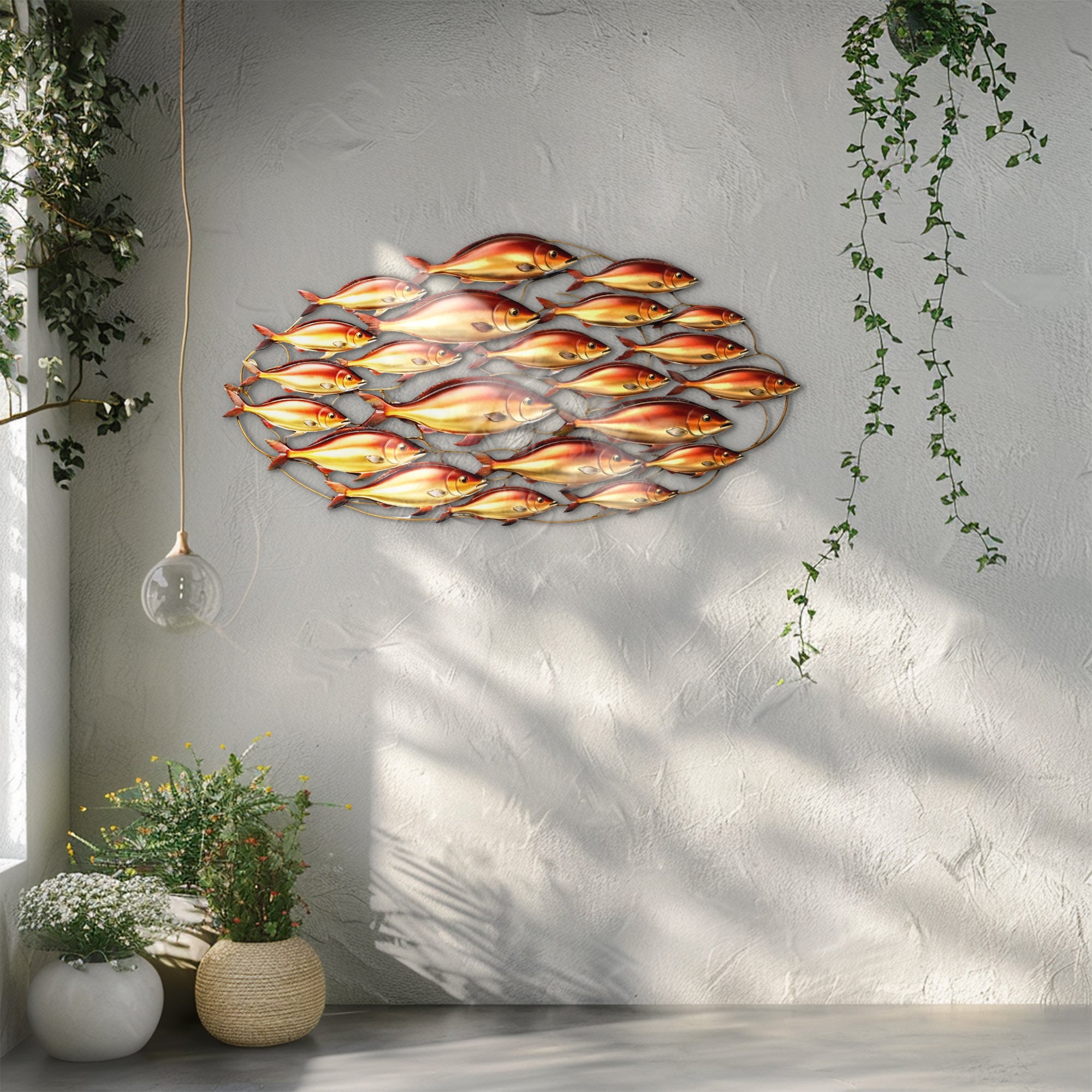 Golden Red School of Fish – Vibrant Tropical Ocean Style Metal Wall Art Decor for Home &amp; Outdoor