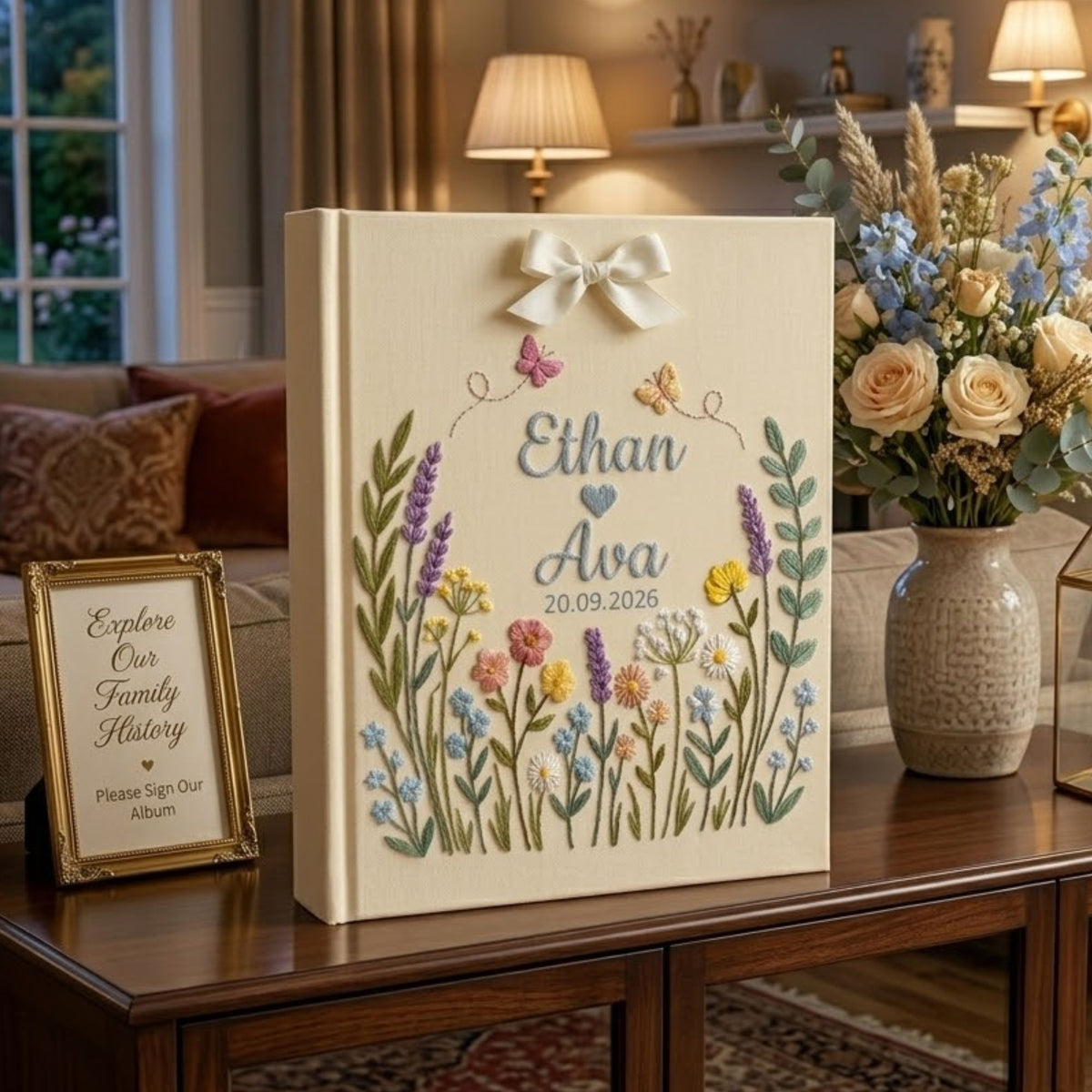 Personalized wildflower meadow hand embroidered photo album with custom names date butterflies and ribbon bow on linen cover