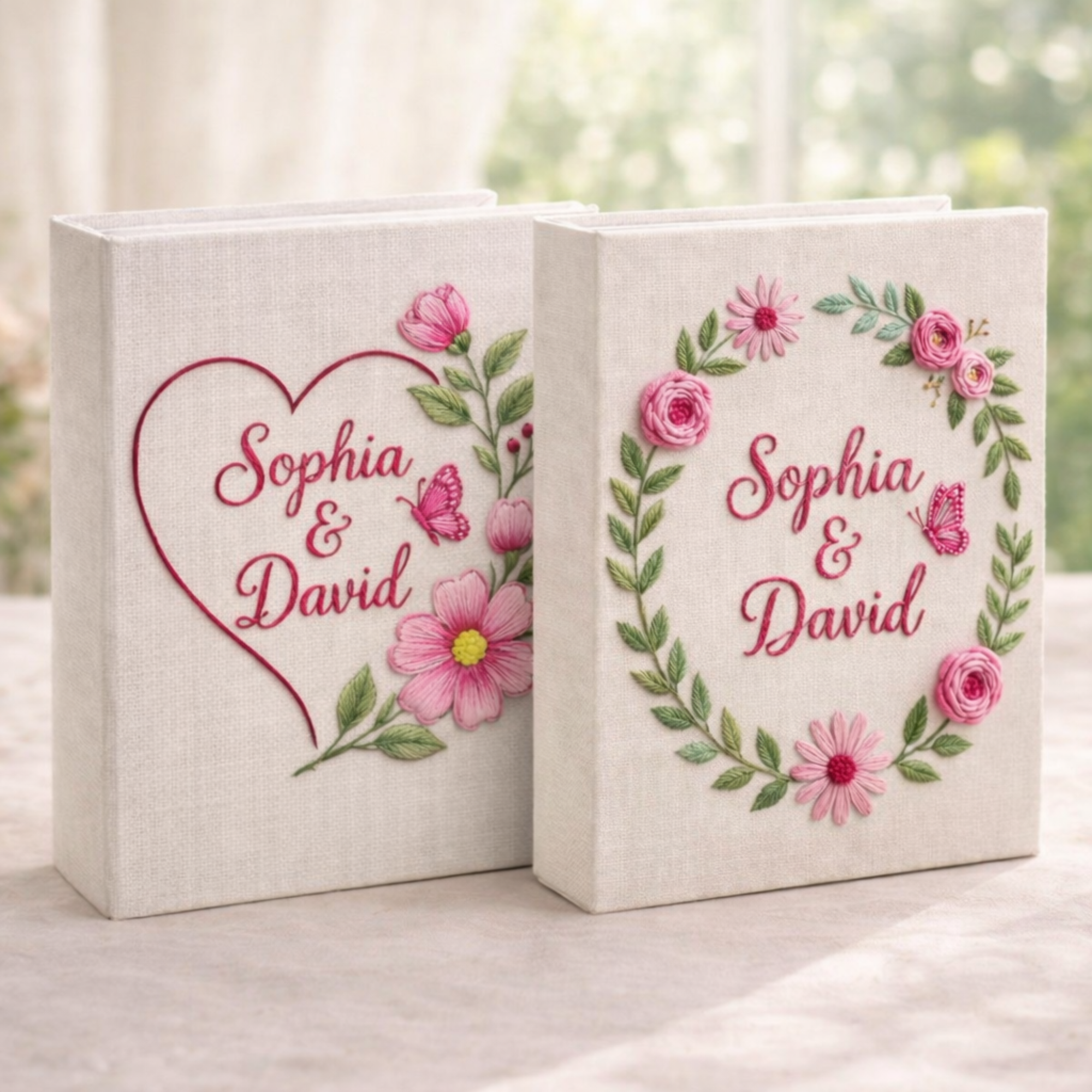 Personalized pink floral wreath hand embroidered photo album with butterfly accent and custom names on linen cover