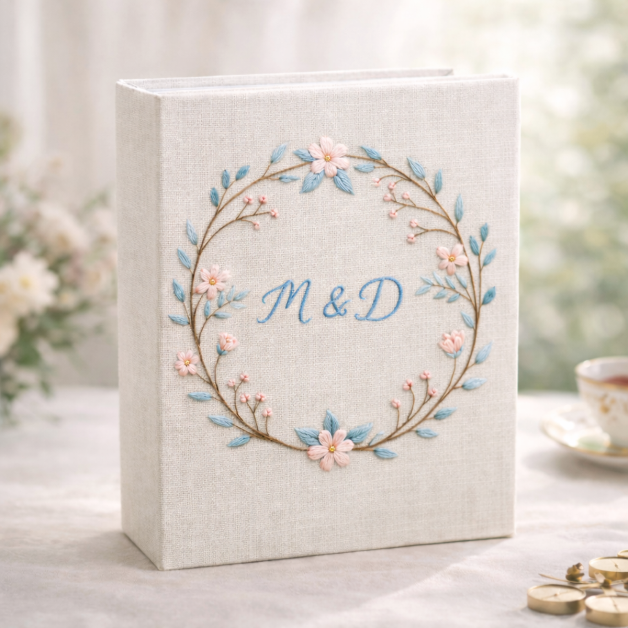 Personalized floral wreath hand embroidered photo album with custom initials on linen cover