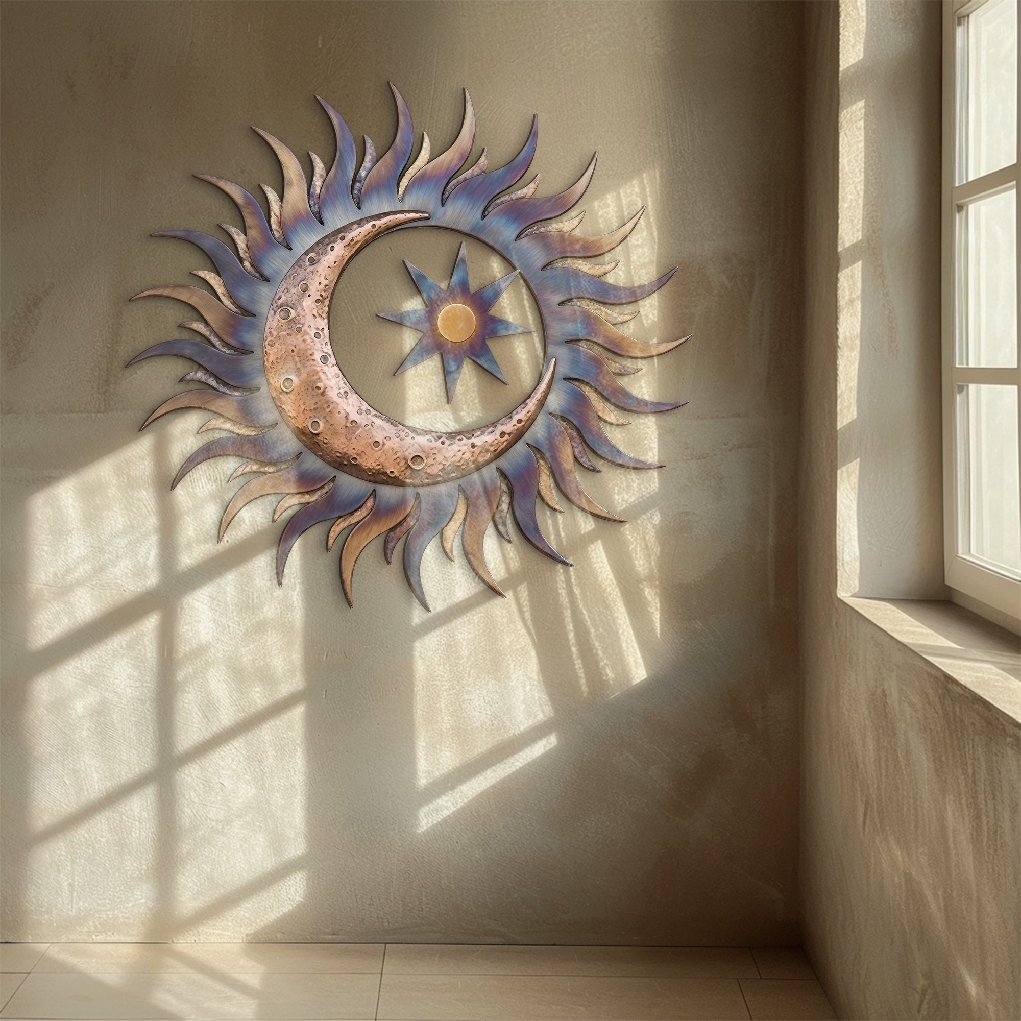 Sun Metal Wall Art – Boho UV Printed Aluminum Wall Decor for Indoor &amp; Outdoor Space
