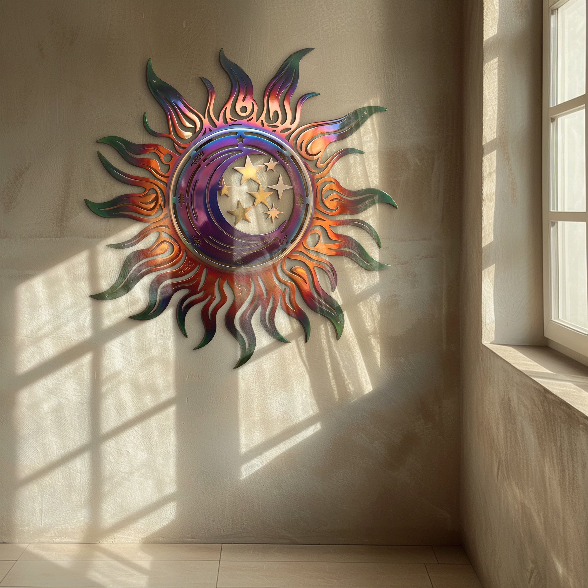 Celestial Sun Wall Art – Boho Cosmic Aluminum Metal Decor for Indoor &amp; Outdoor Home Display