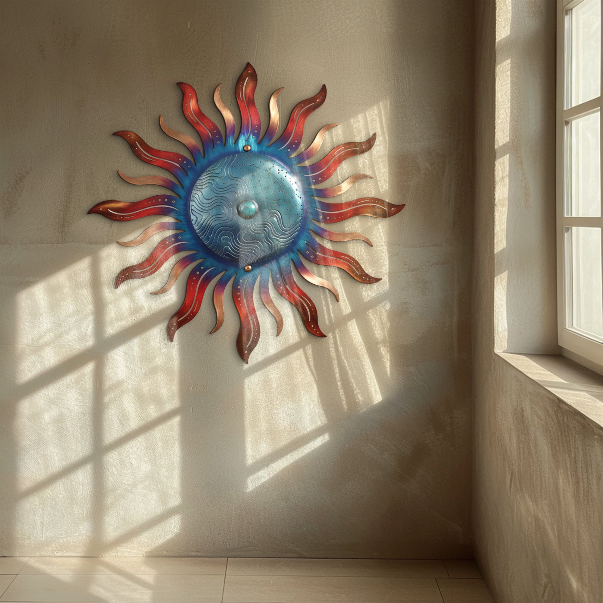 Blue Sun Wall Art – Coastal Boho Aluminum Metal Decor for Indoor &amp; Outdoor Home Spaces