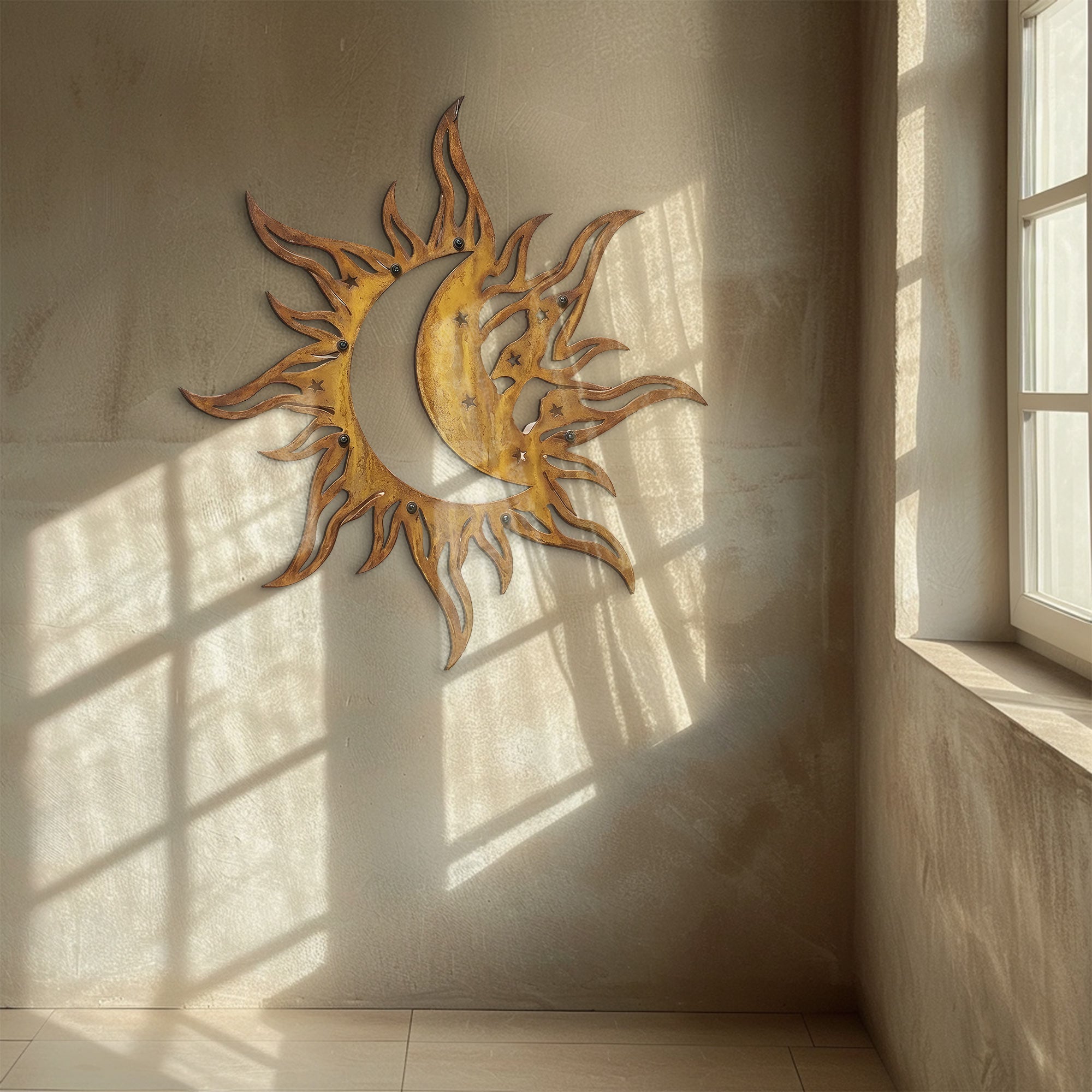 Sun Moon Wall Art – Celestial Boho Aluminum Metal Decor for Indoor &amp; Outdoor Home Spaces