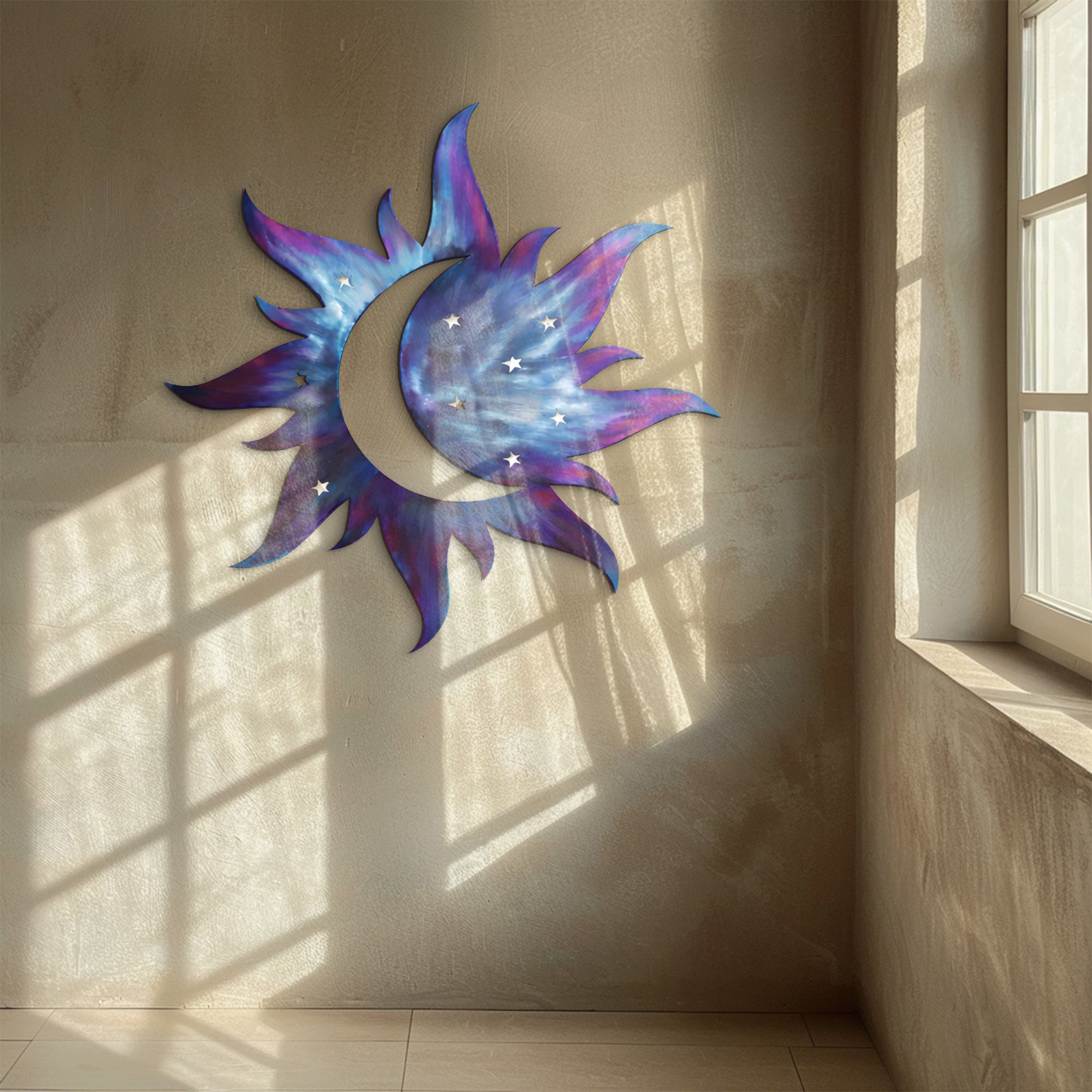 Celestial Sun Moon Wall Art – Galaxy Style UV Printed Metal Decor for Bedroom &amp; Living Room