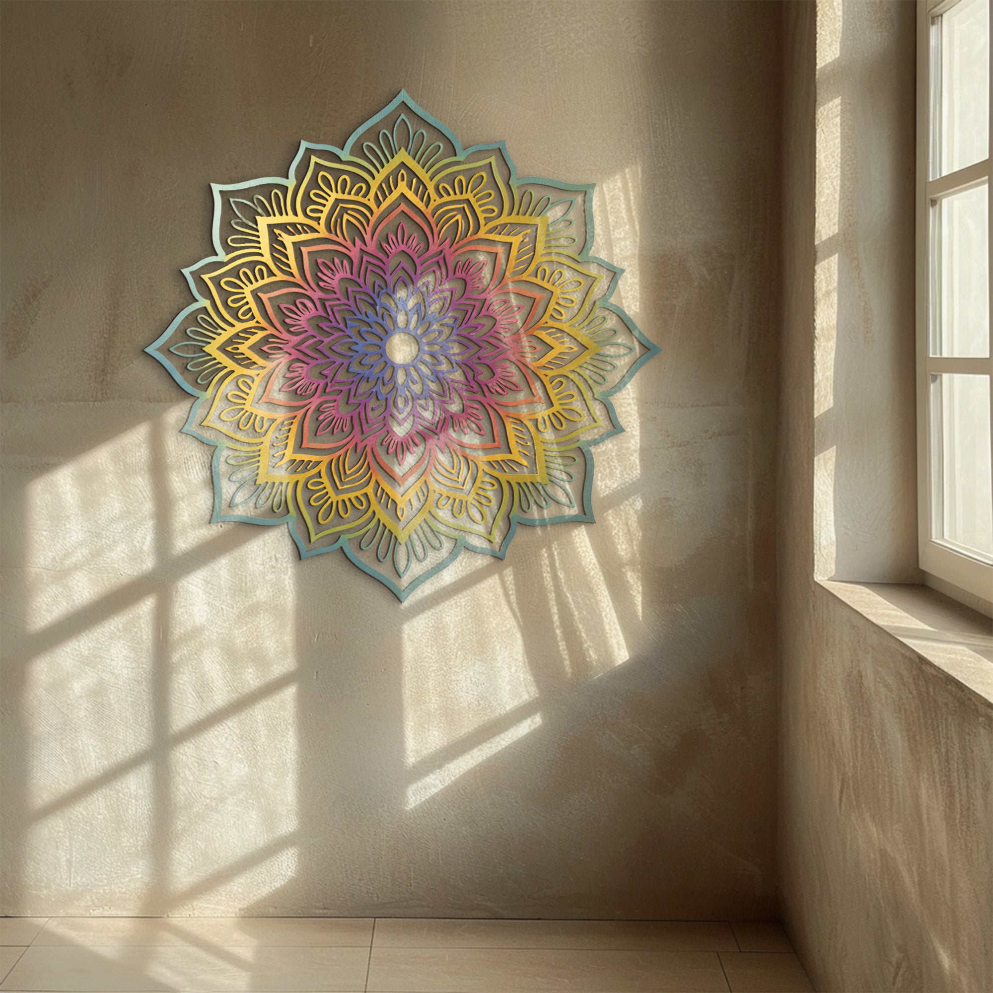 Mandala Flower Wall Art – Boho Rainbow Style UV Printed Metal Decor for Living Room &amp; Meditation Space
