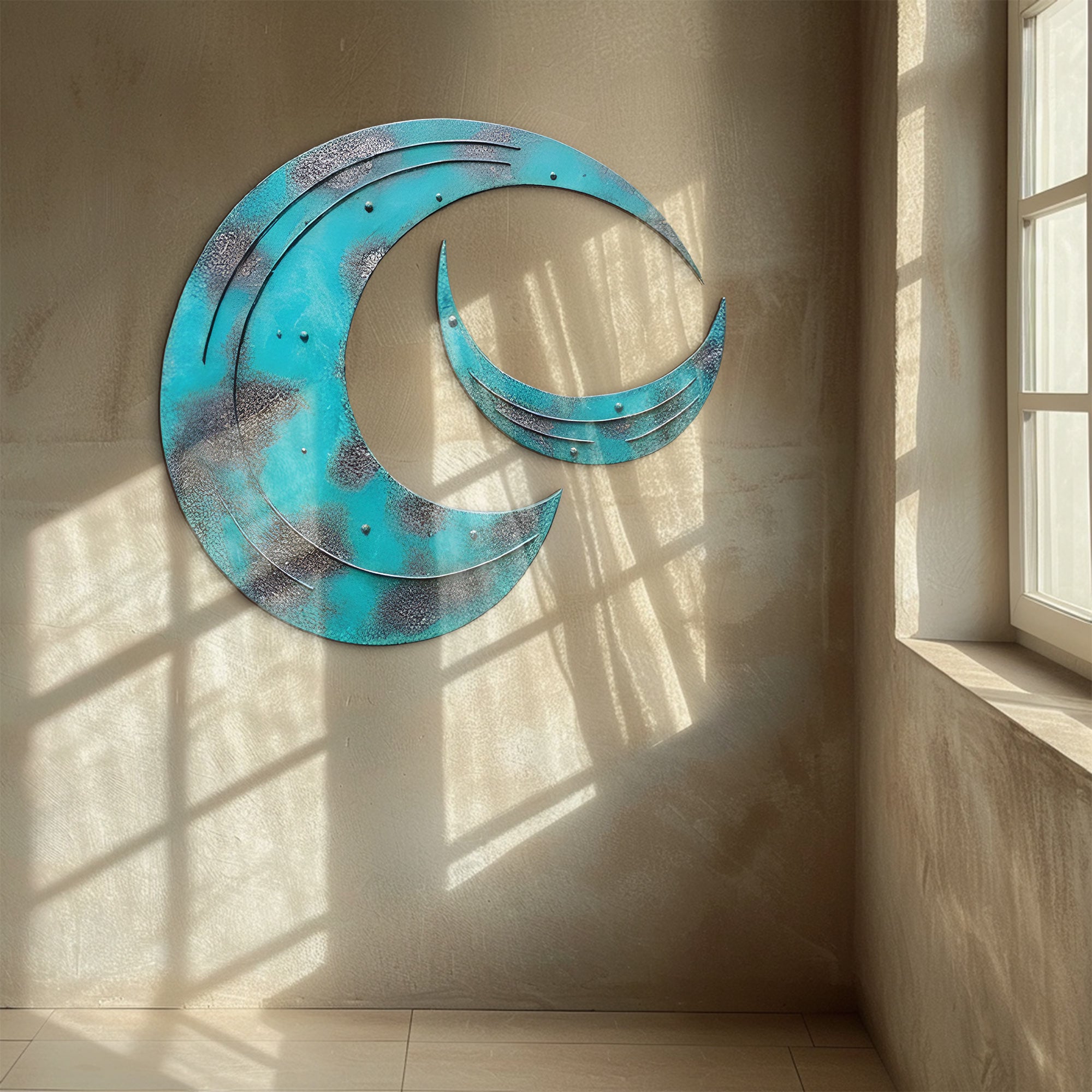 Crescent Moon Wall Art – Rustic Patina Style UV Printed Metal Decor for Bedroom &amp; Outdoor Garden