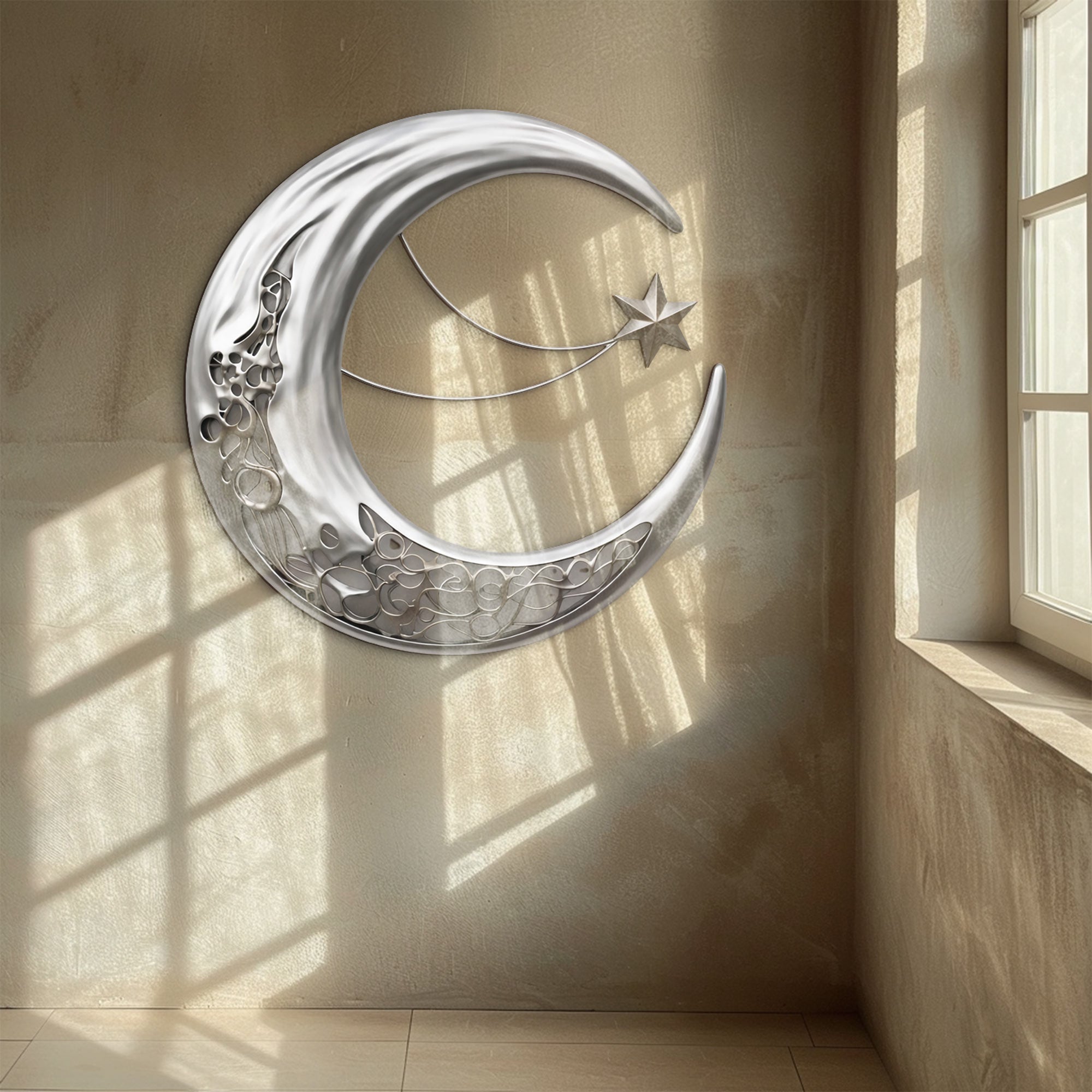 Silver Crescent Moon Wall Art – Modern Celestial UV Printed Metal Decor for Living Room &amp; Bedroom