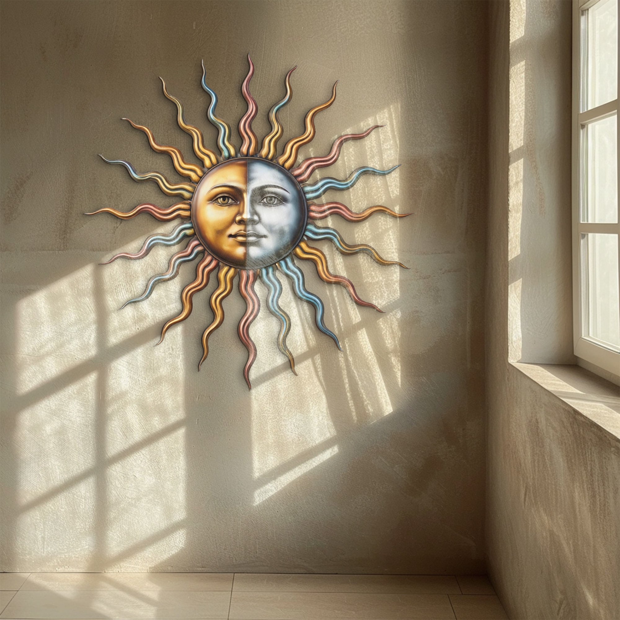 Sun Moon Face – Celestial Dual Tone Metal Decor for Wall Art Display