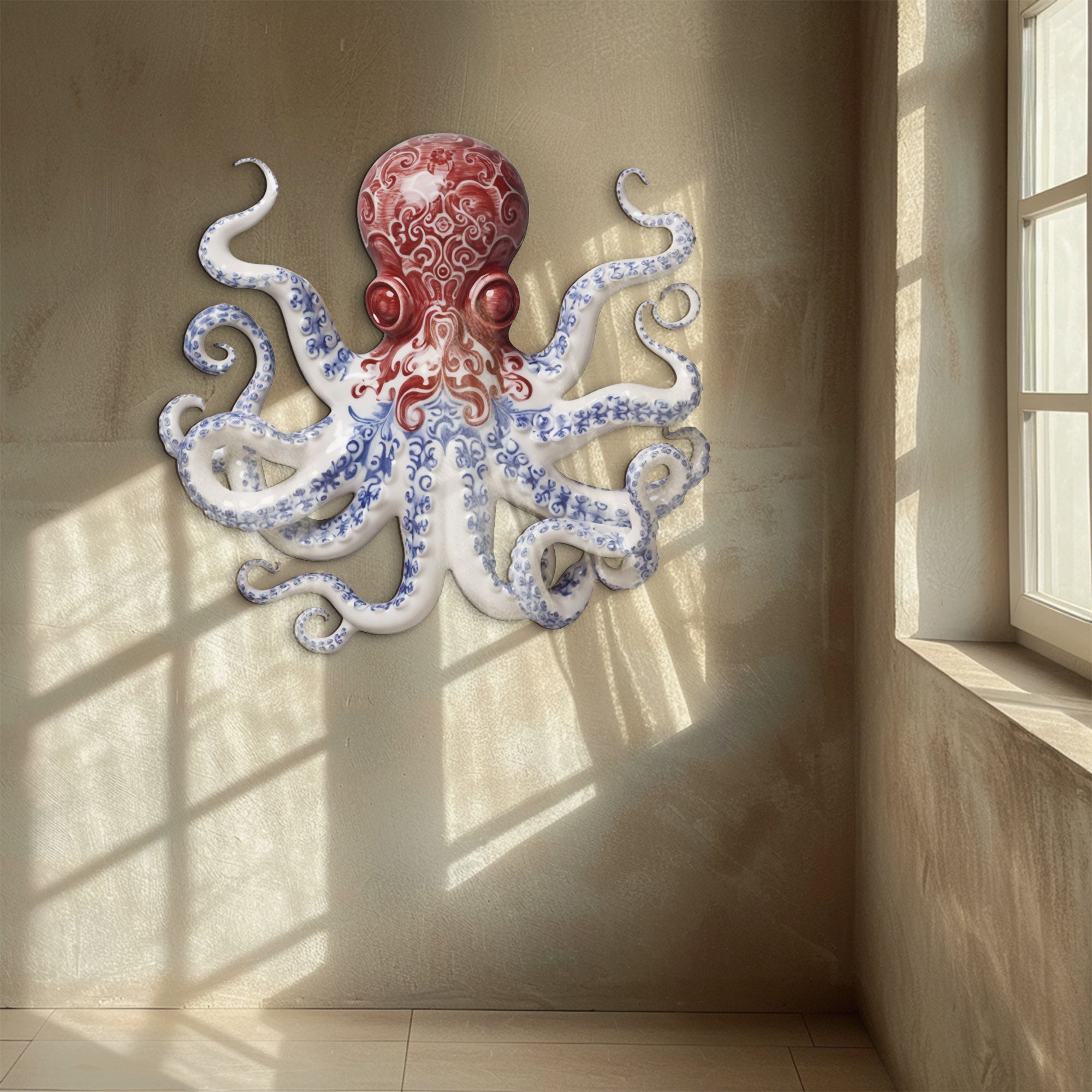 Red Blue Chinoiserie Octopus – Elegant Porcelain Style Metal Wall Art Decor for Home &amp; Outdoor