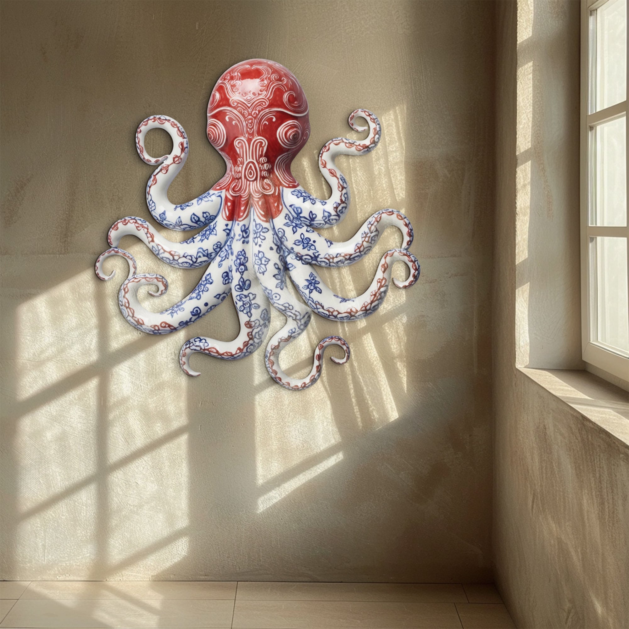 Red Chinoiserie Octopus – Elegant Blue &amp; White Porcelain Style Metal Wall Art Decor