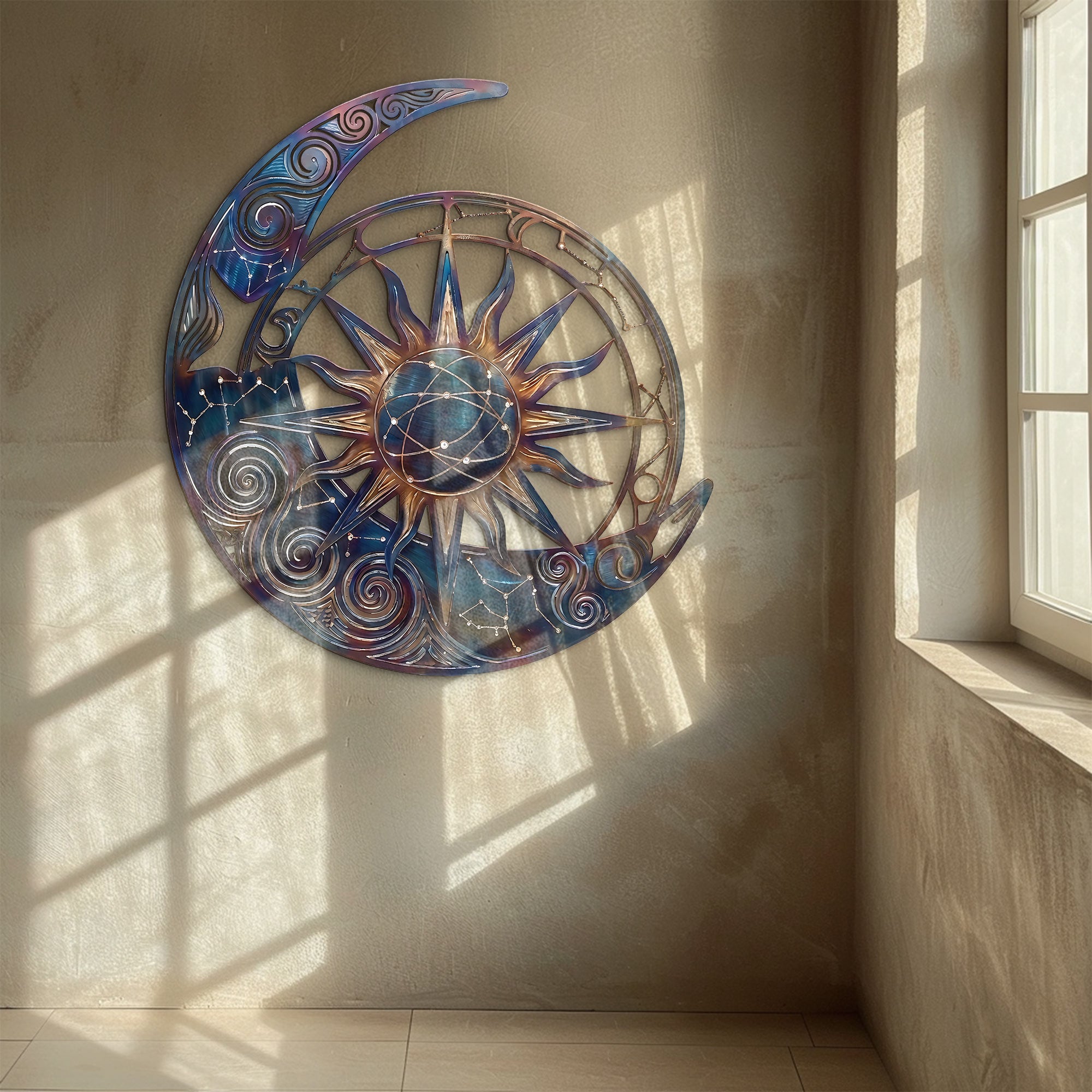 Sun Moon Metal Wall Art – Boho UV Printed Aluminum Wall Decor for Indoor Outdoor Space