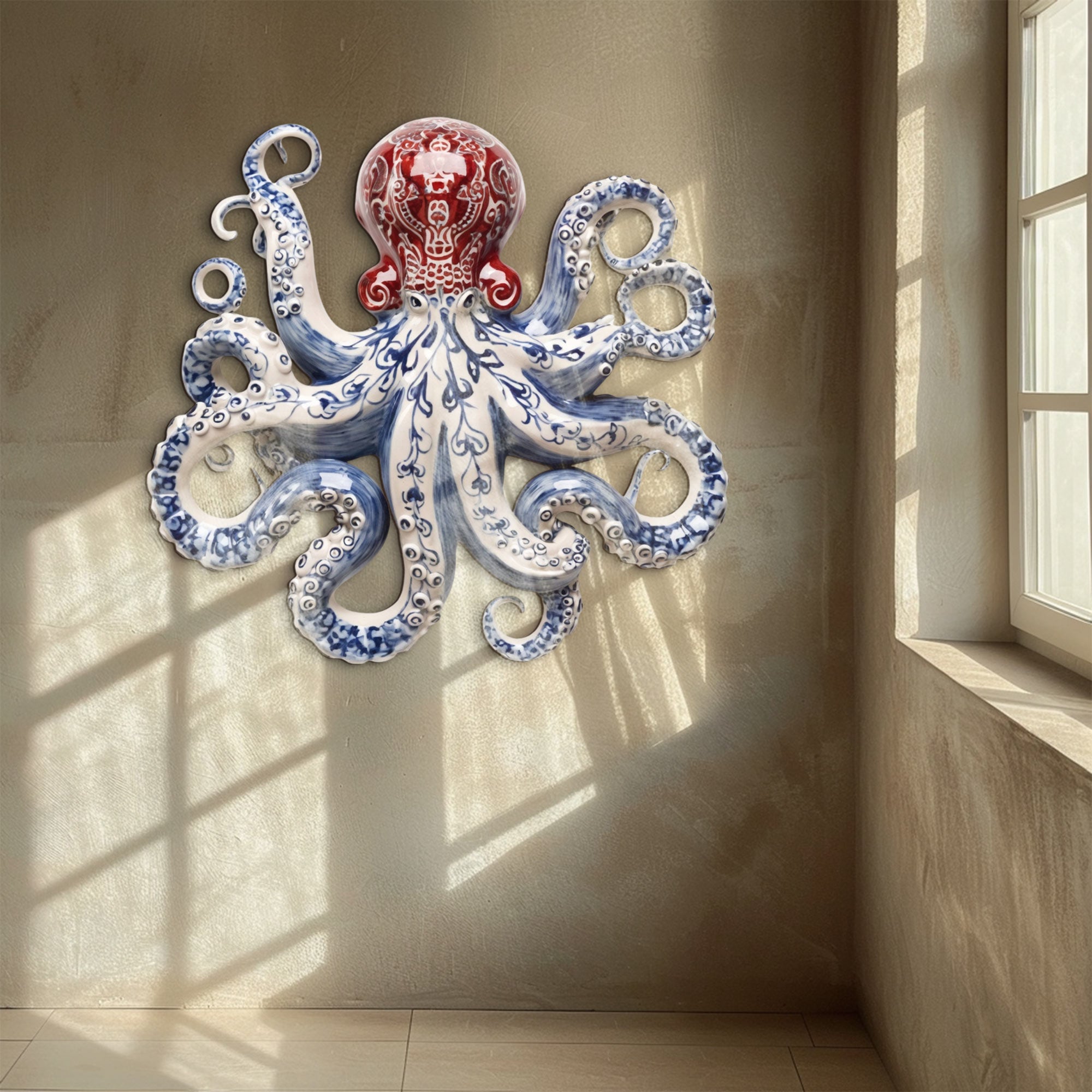 Blue Red Chinoiserie Octopus – Elegant Porcelain Style Metal Wall Art Decor for Home &amp; Outdoor