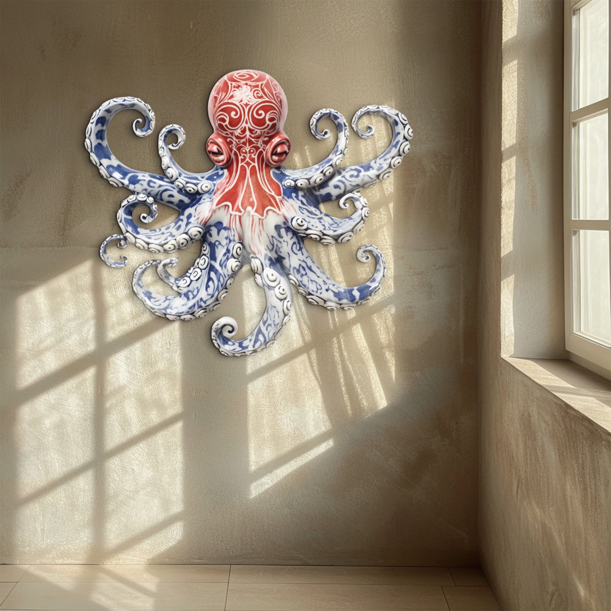 Red Blue Chinoiserie Octopus – Elegant Porcelain Style Metal Wall Art Decor for Home &amp; Outdoor