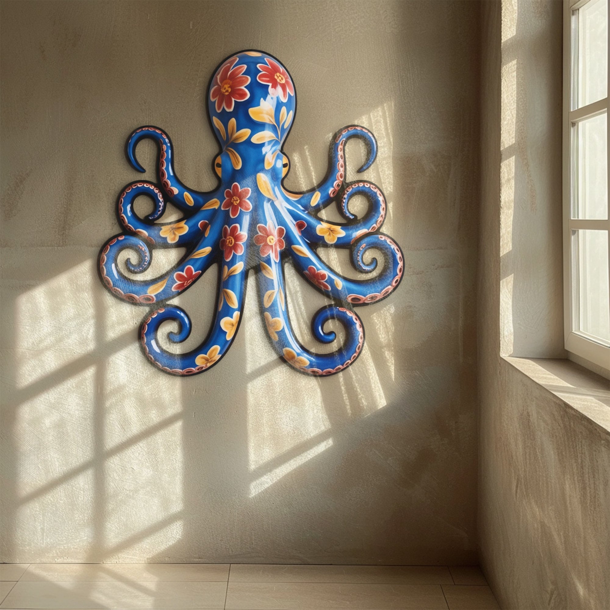 Floral Blue Octopus – Vibrant Mexican Talavera Style Metal Wall Art Decor for Home &amp; Outdoor