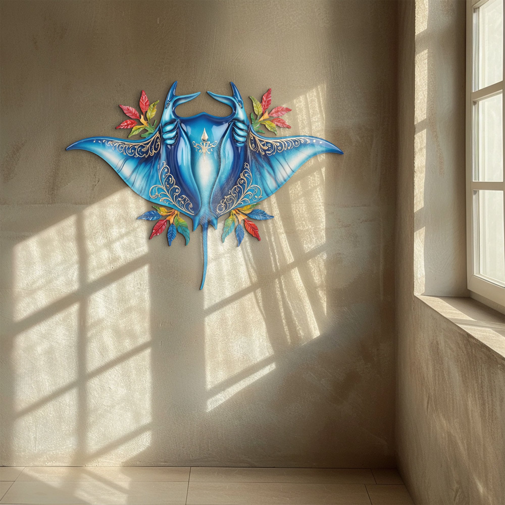Blue Tropical Stingray – Vibrant Fantasy Style Metal Wall Art Decor for Home &amp; Outdoor