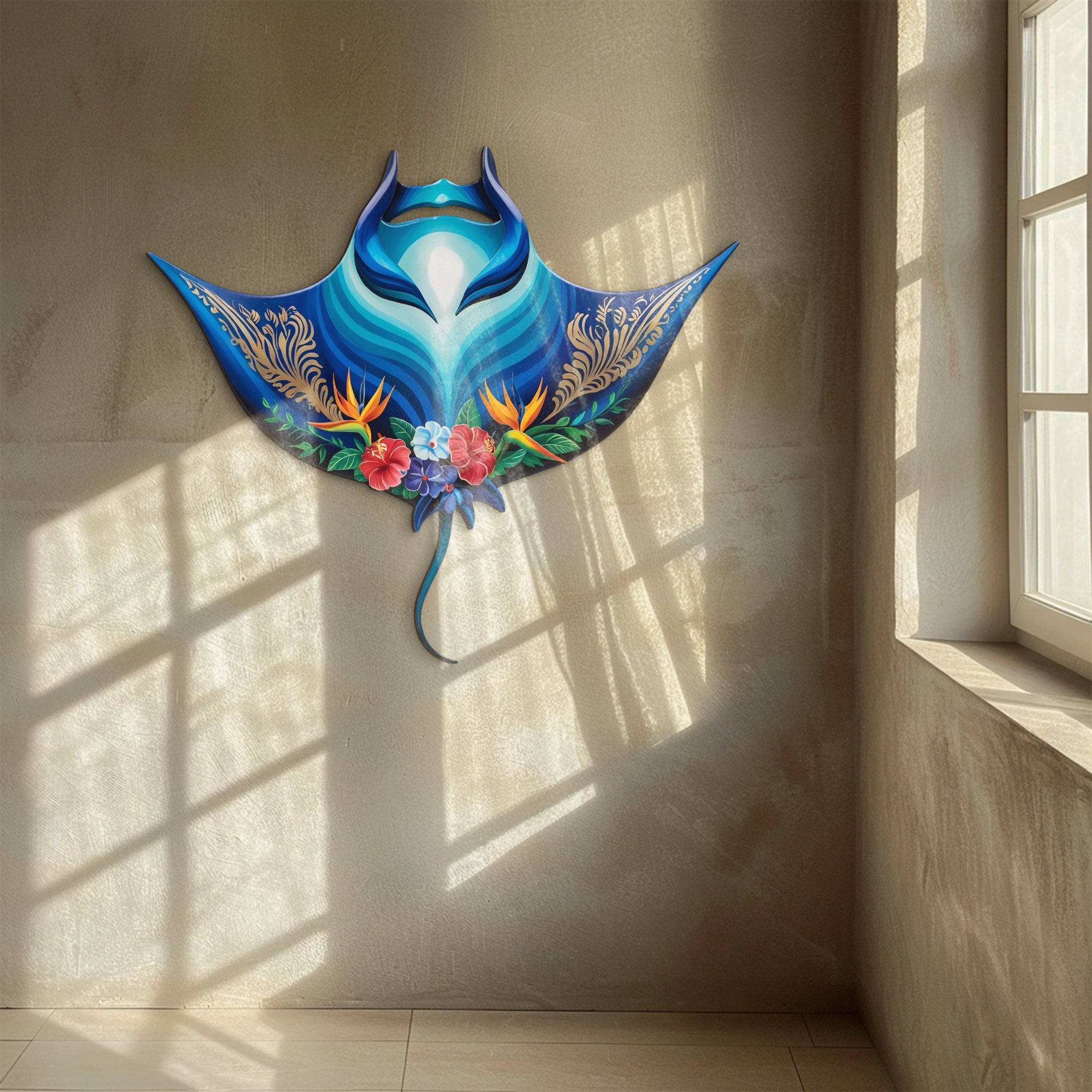 Tropical Blue Stingray – Vibrant Ocean Floral Style Metal Wall Art Decor for Home &amp; Outdoor