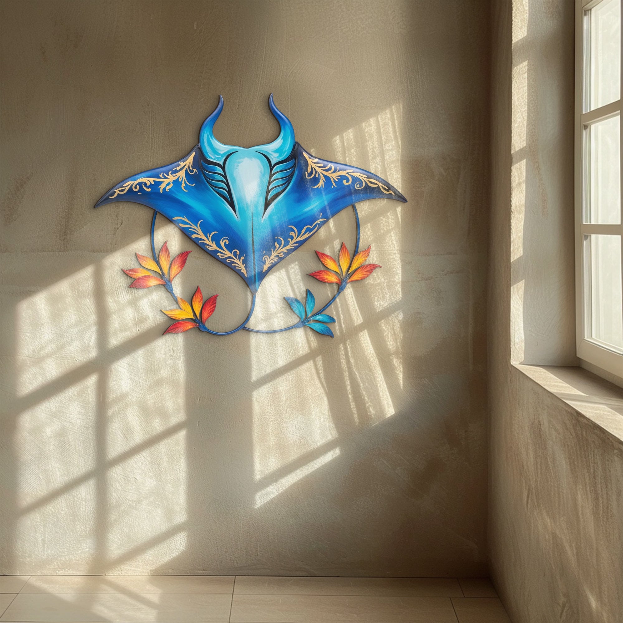 Blue Golden Stingray – Elegant Tropical Floral Style Metal Wall Art Decor for Home &amp; Outdoor