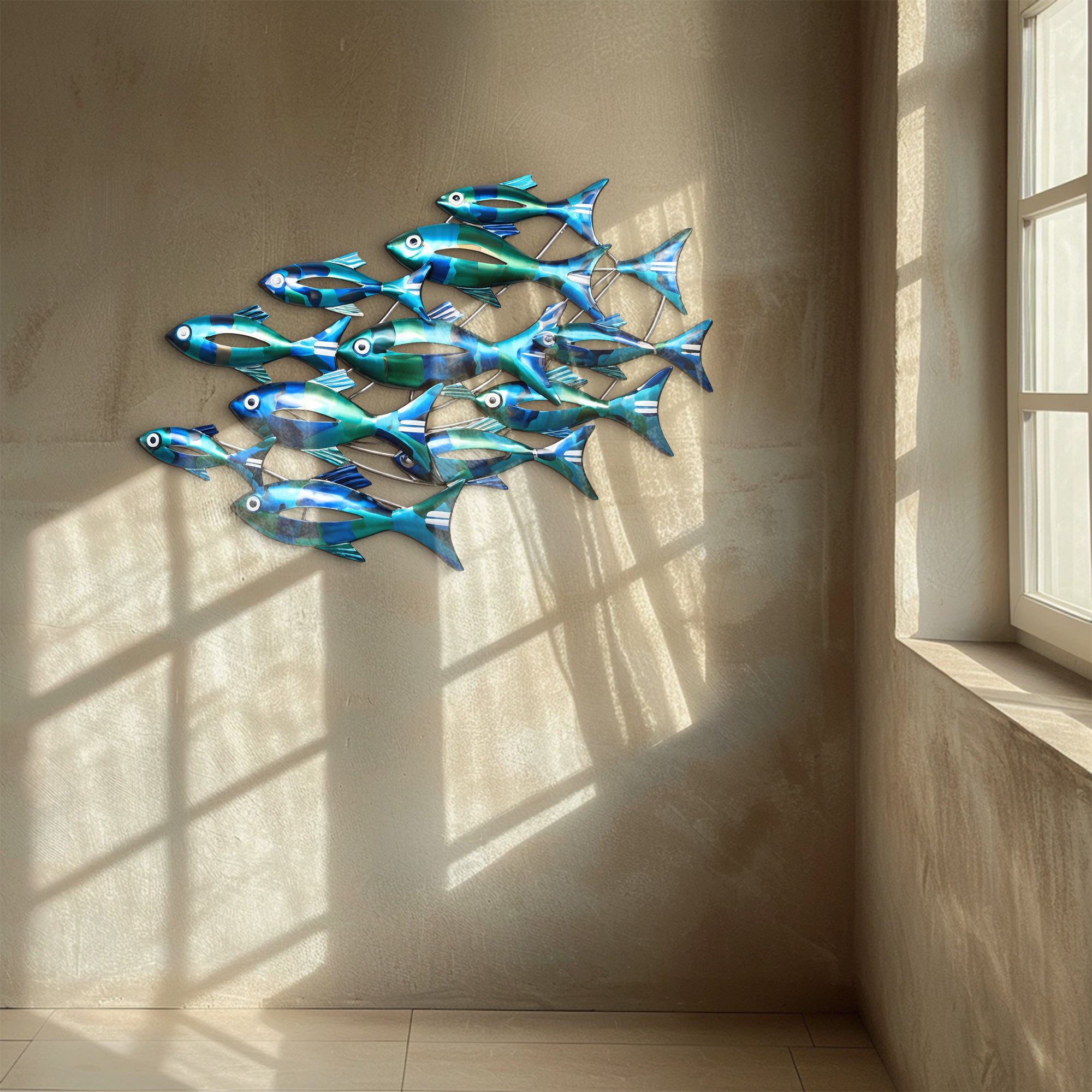 School of Blue Fish – Vibrant Ocean Metallic Style Metal Wall Art Decor for Home &amp; Outdoor