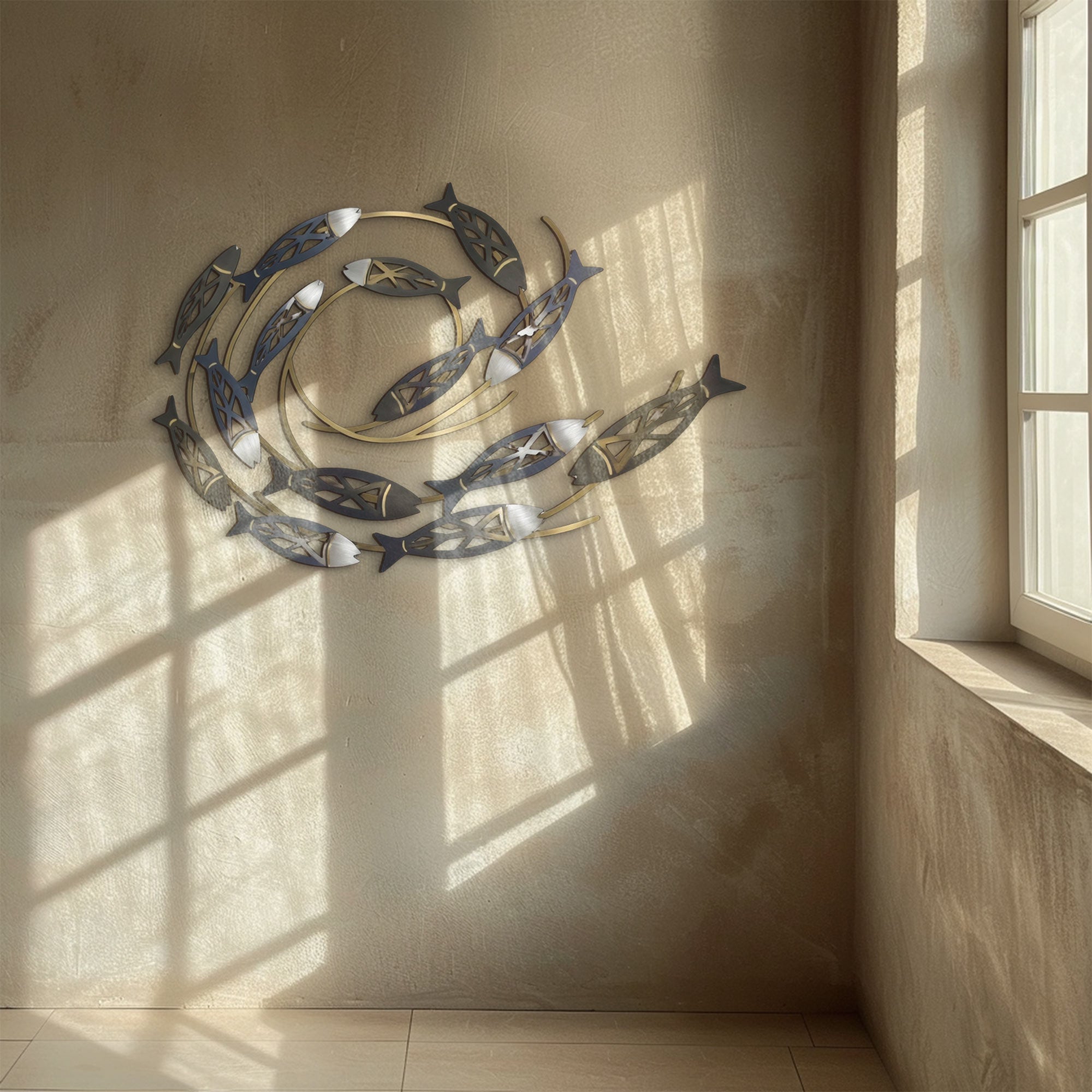 Swirling School of Fish – Elegant Metallic Ocean Style Metal Wall Art Decor for Home &amp; Outdoor