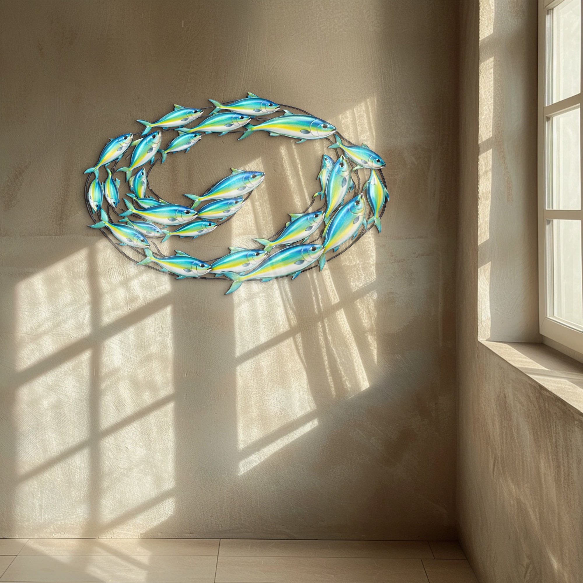 Swirling School of Fish – Vibrant Blue Yellow Ocean Style Metal Wall Art Decor for Home &amp; Outdoor