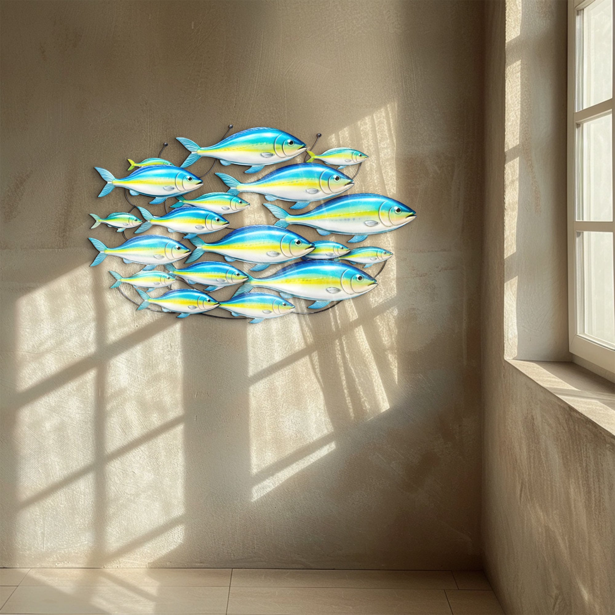 School of Blue Yellow Fish – Vibrant Tropical Ocean Style Metal Wall Art Decor for Home &amp; Outdoor