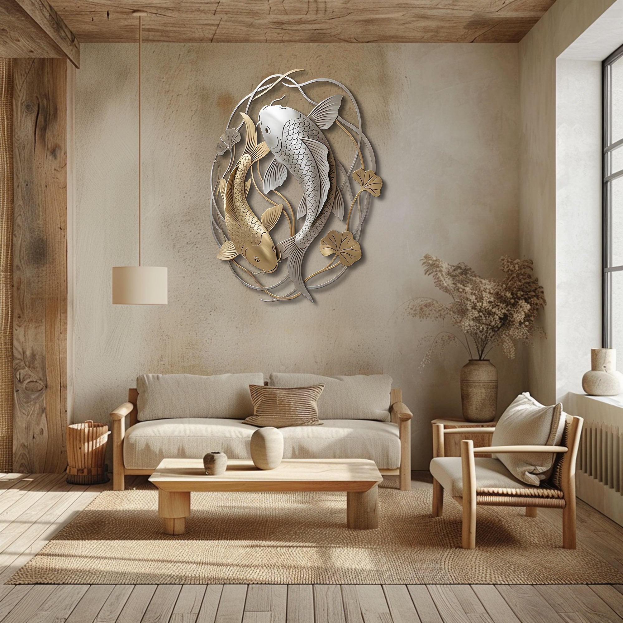 Koi Fish Wall Art – Elegant Asian Style Aluminum Wall Decor for Home