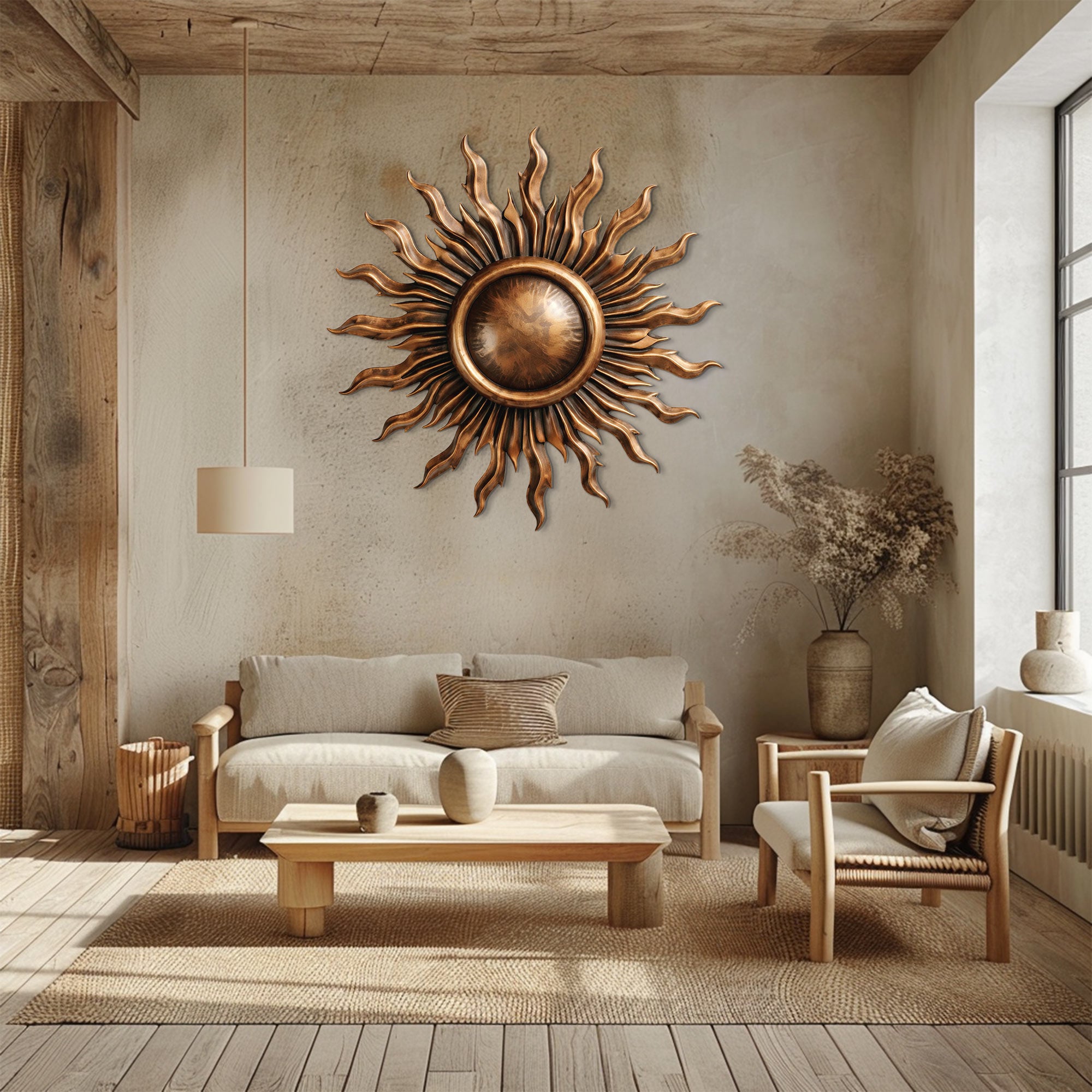 Sun Metal Wall Art – Modern Bronze Aluminum Wall Decor for Living Room