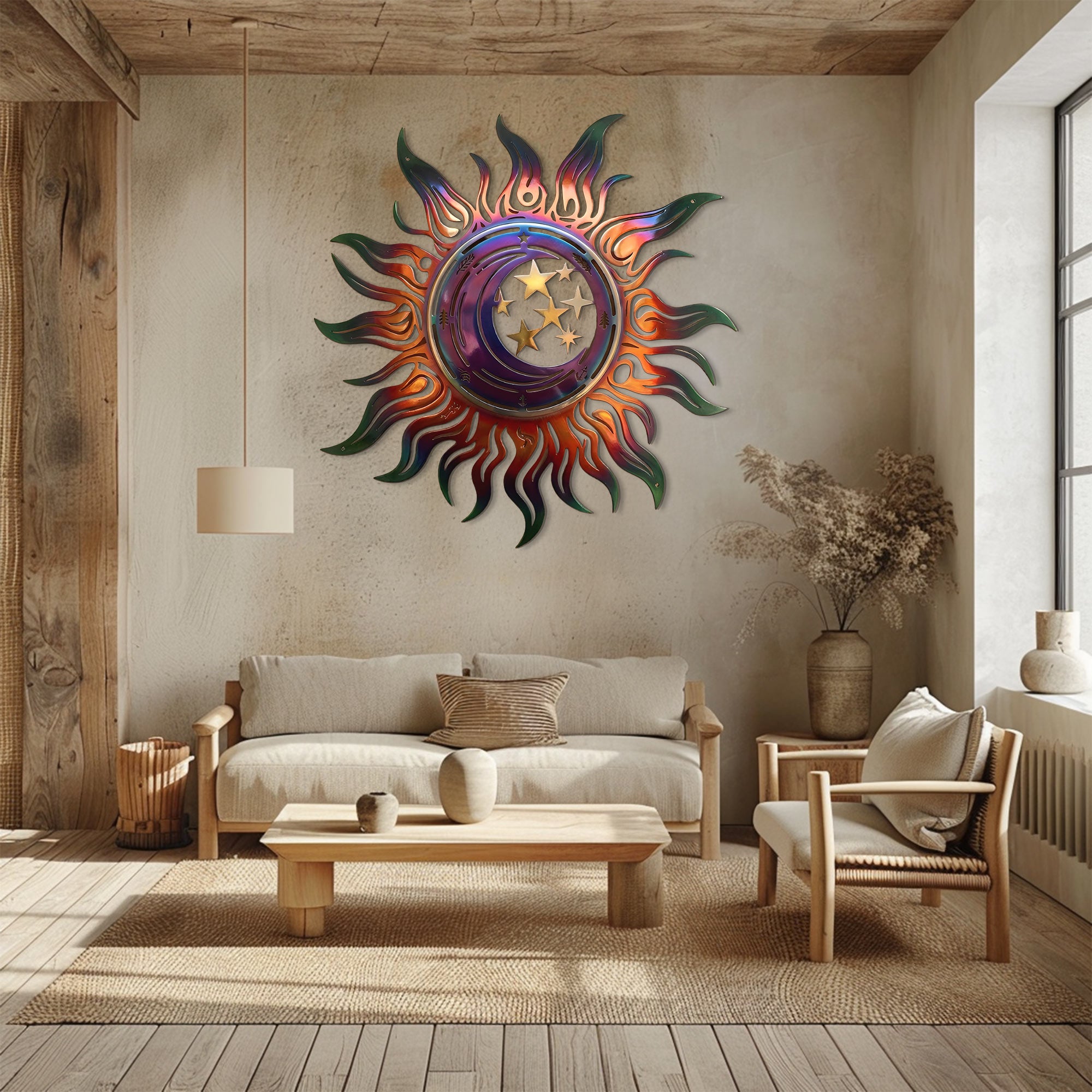 Celestial Sun Wall Art – Boho Cosmic Aluminum Metal Decor for Indoor &amp; Outdoor Home Display